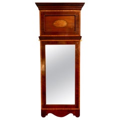 Miroir ancien de style Sheraton anglais, avec cadre en acajou et bois satiné, vers 1900.