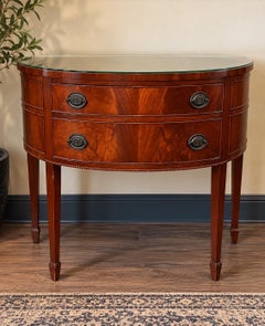 Antique English Sheraton Style Mahogany Demilune Side Cabinet with Glass Top