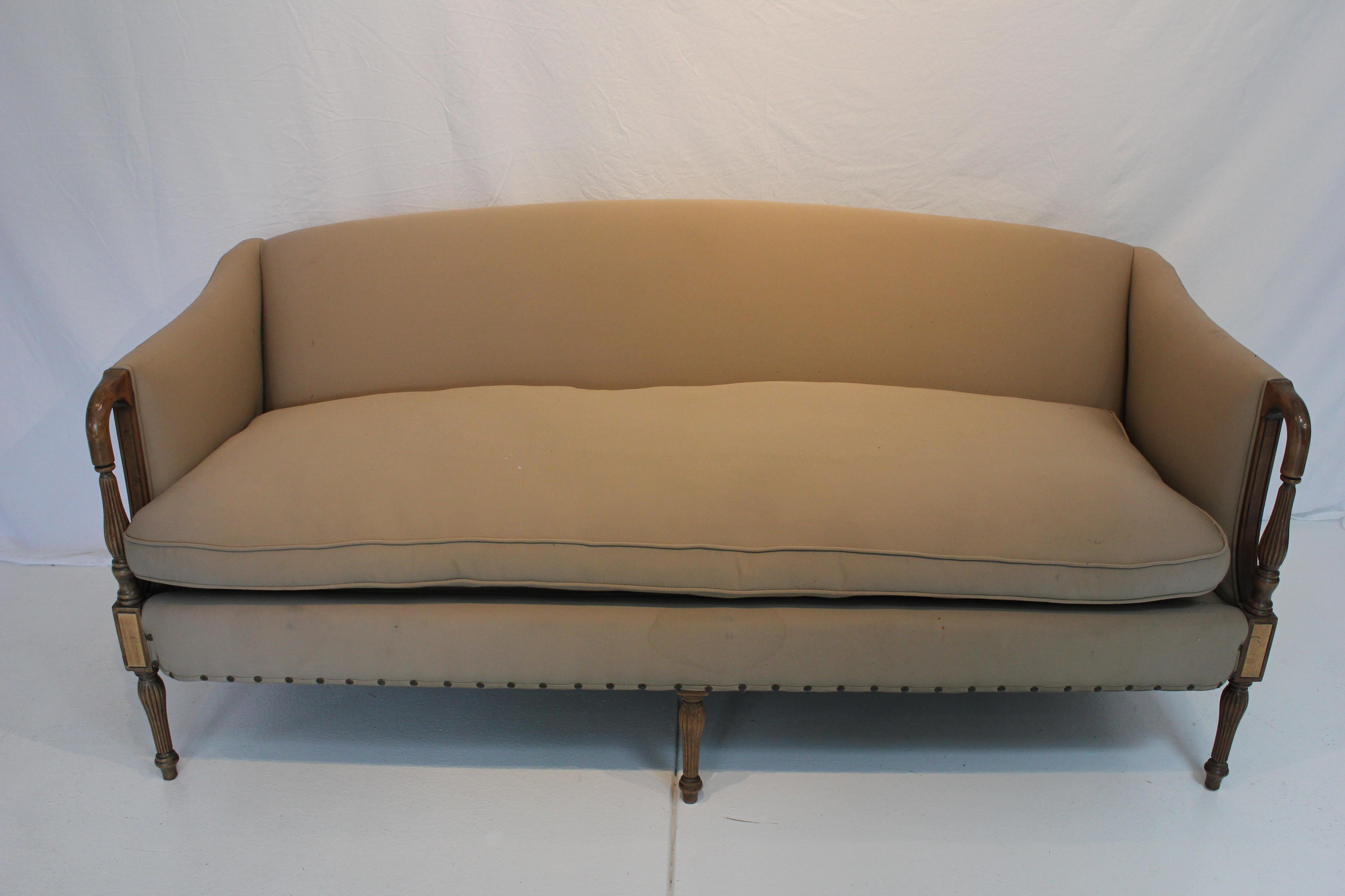 Antique English Sheraton Style Mahogany Inlay Sofa W/ Down Cushion Circa 1920 For Sale 1