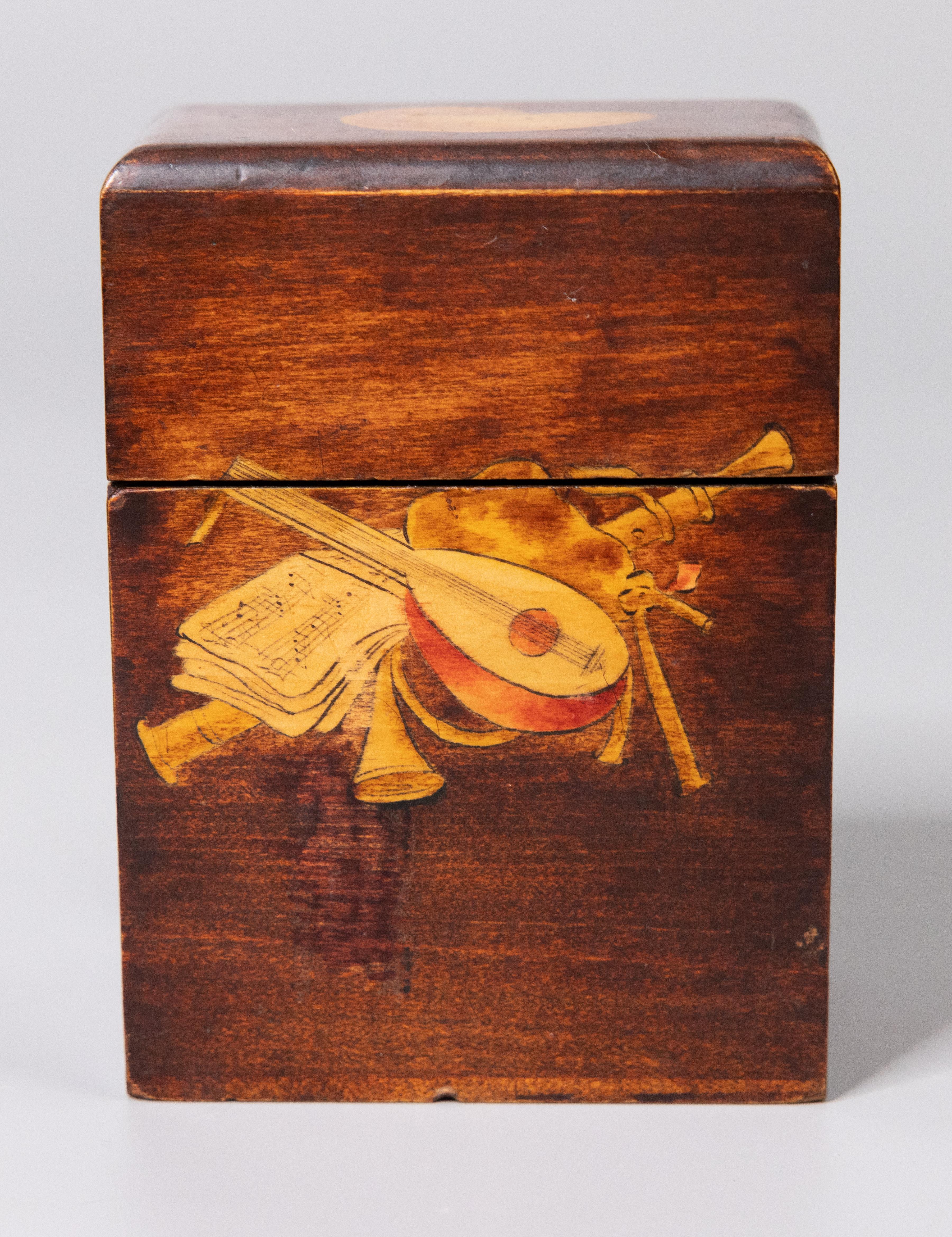 Hand-Painted Antique English Sheraton Style Mahogany Playing Cards Box For Sale