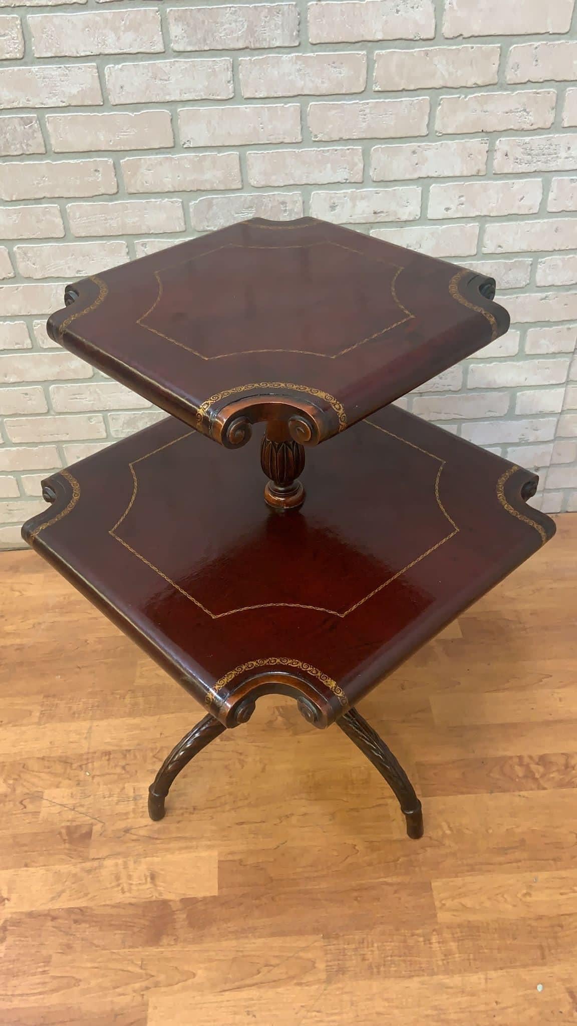 British Antique English Sheraton Style Scrolled & Carved Mahogany Two-Tier Tooled Leathe For Sale