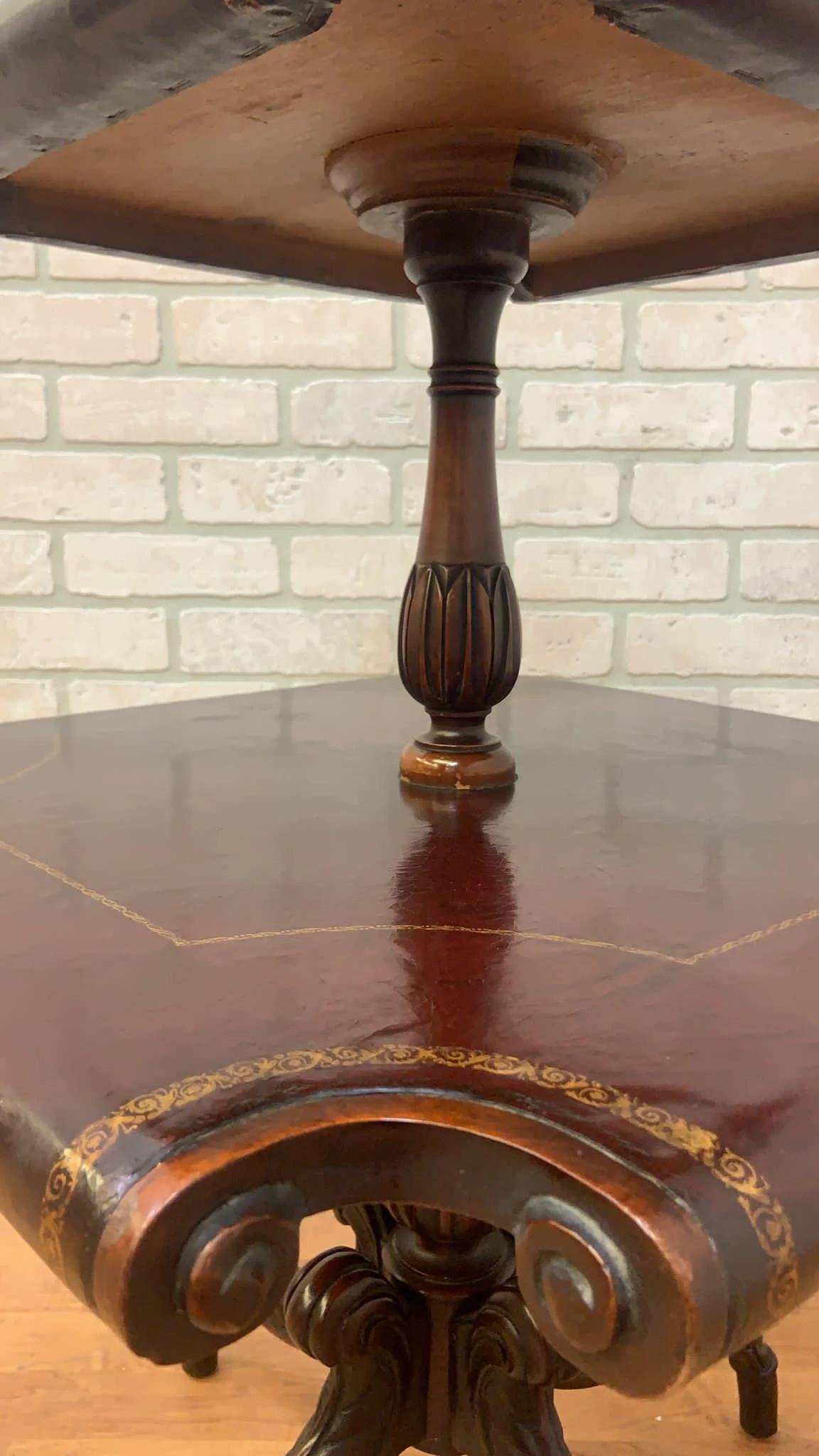 20th Century Antique English Sheraton Style Scrolled & Carved Mahogany Two-Tier Tooled Leathe