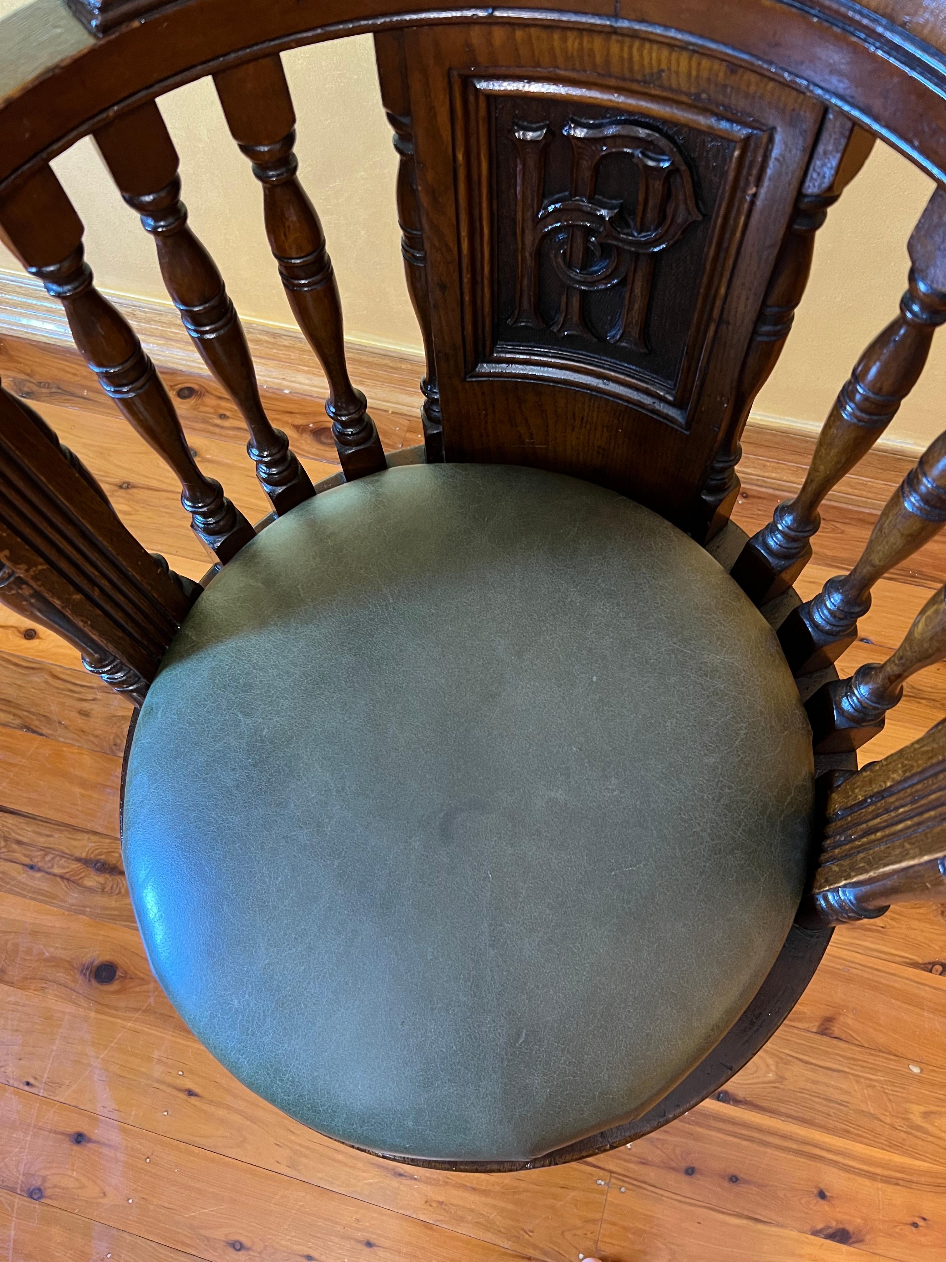 Antique English Ship Captains Leather & Oak Chair For Sale 9