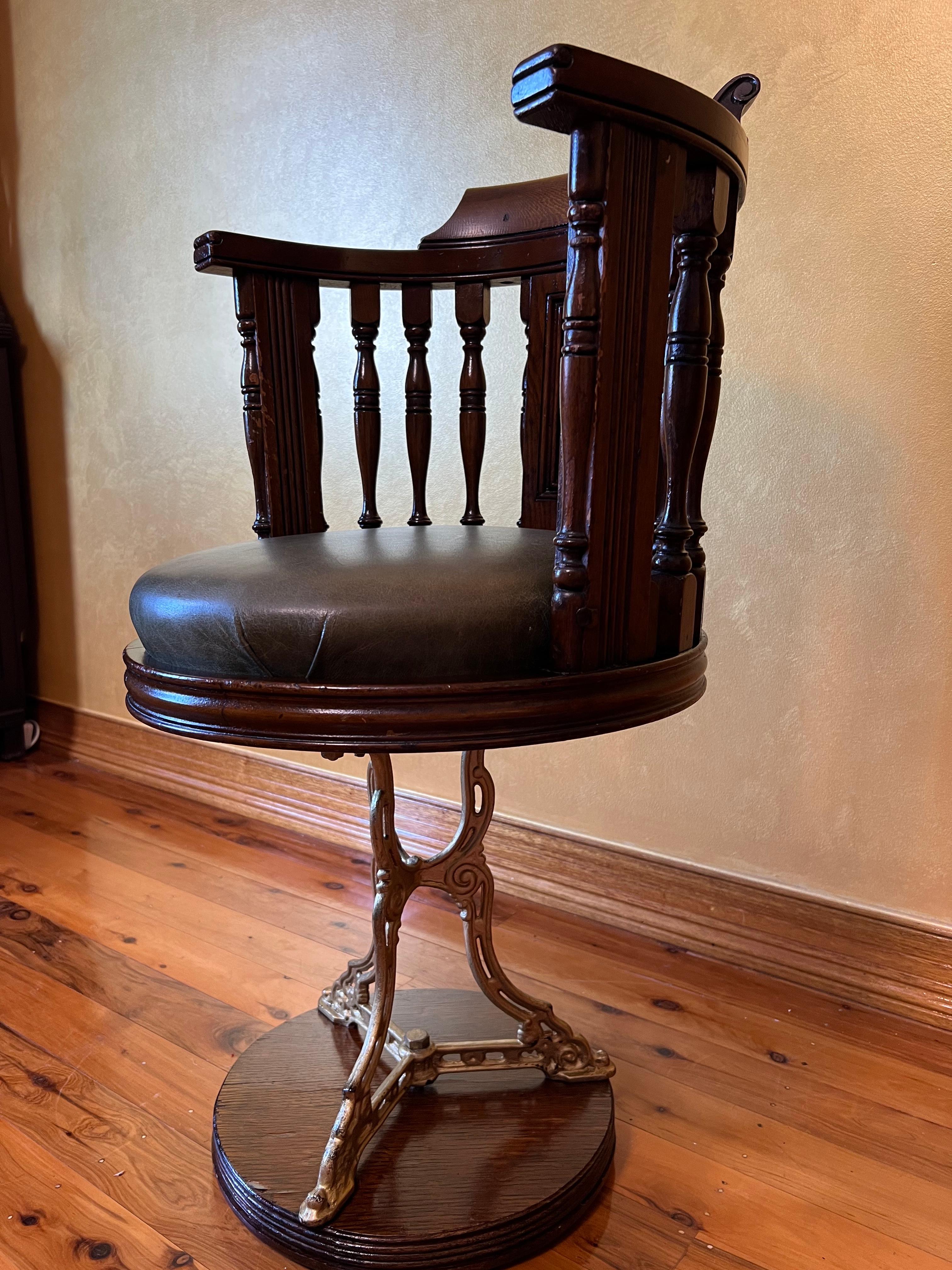 Padded green leather seat, HP engraved in back rest of chair, solid oak, tuned spindles, swivels, brass legs, once mounted to the floor of a grand vessel now free standing.

Circa: 1850

Material: Oak & leather

Country of Origin: