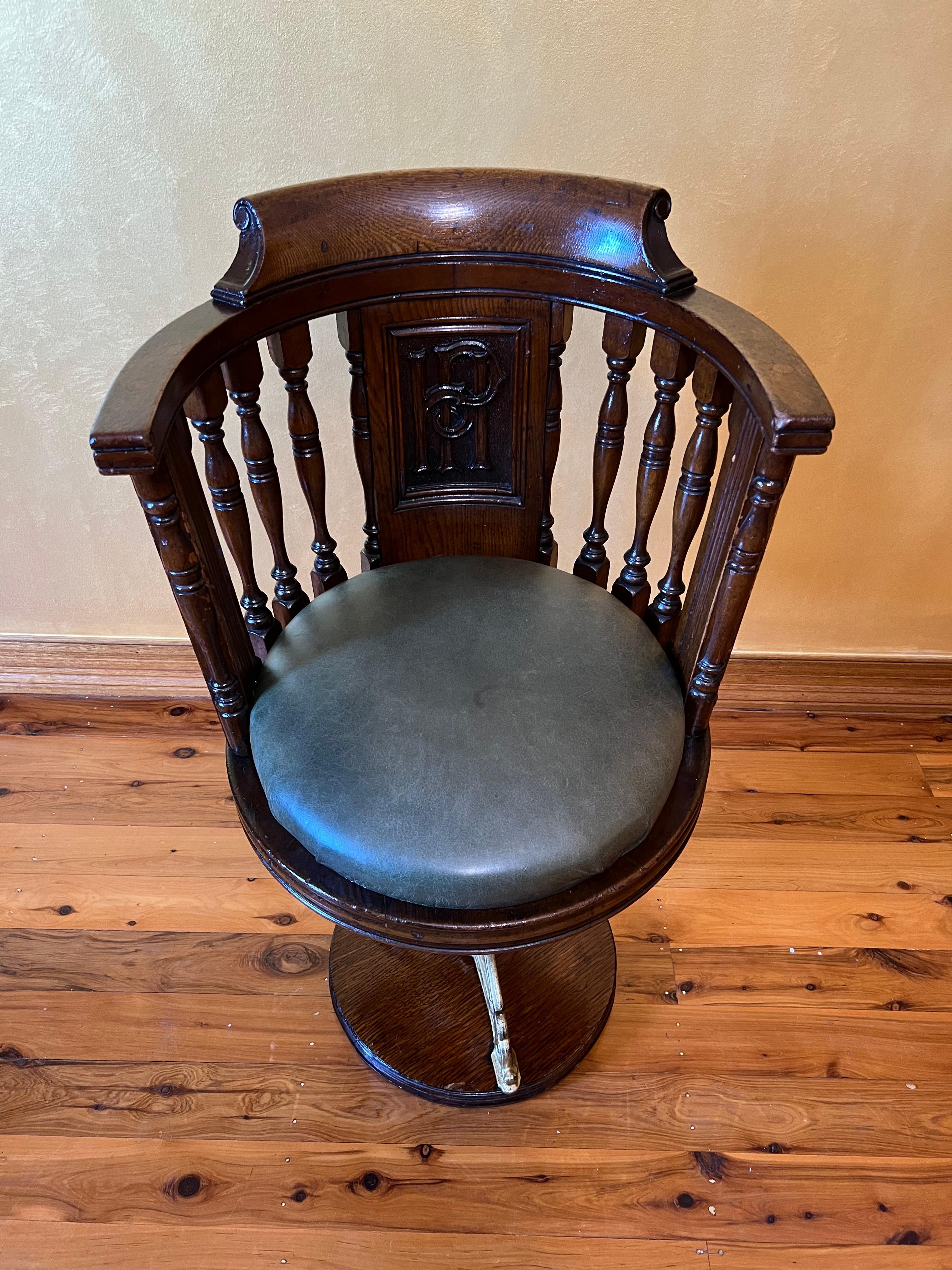 19th Century Antique English Ship Captains Leather & Oak Chair For Sale