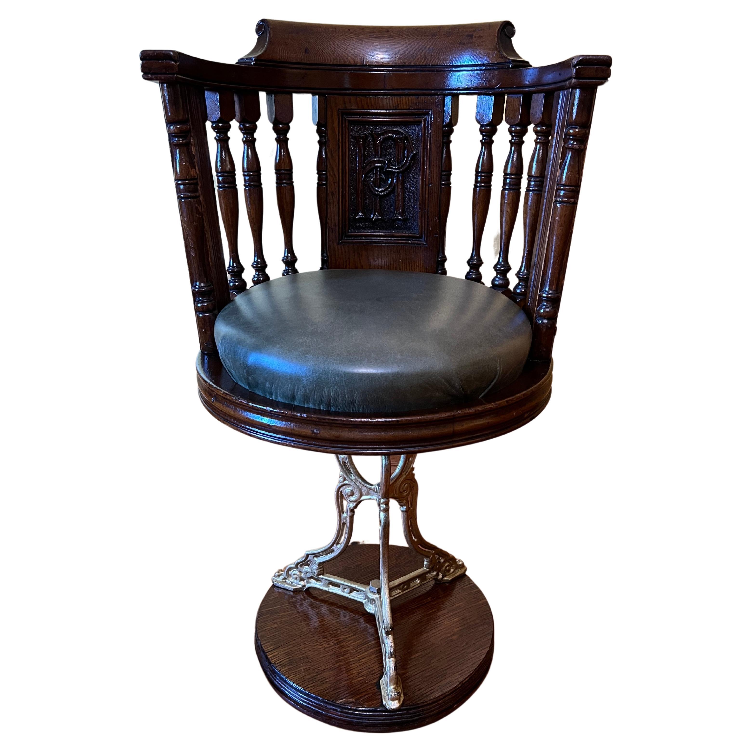 Antique English Ship Captains Leather & Oak Chair For Sale