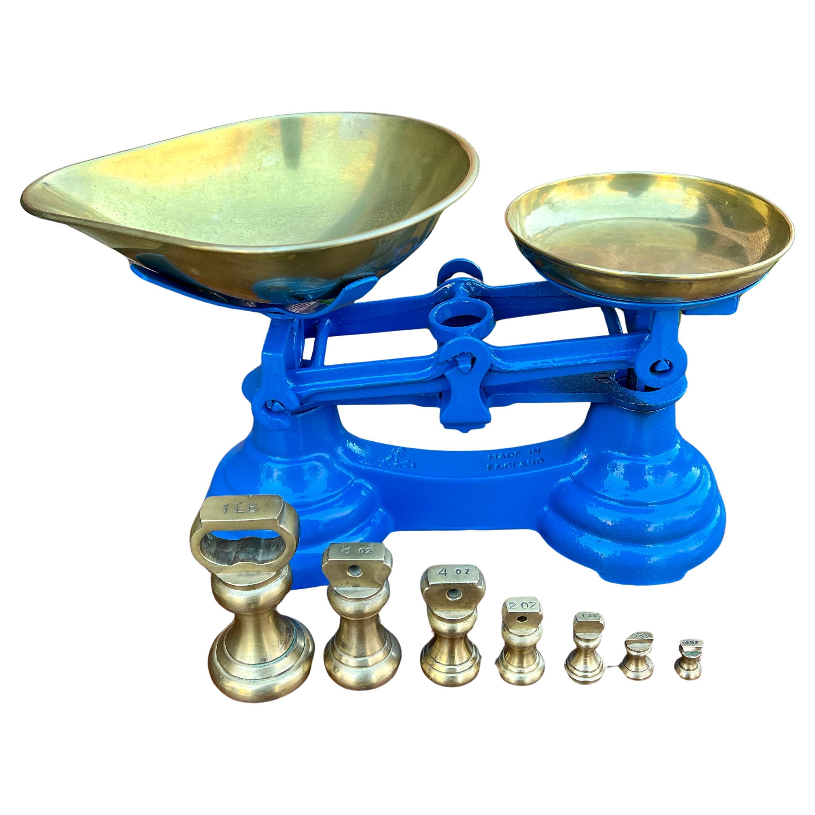 Antique English Shop Scale 7 Graduated Weights With Brass Pans Blue For Sale