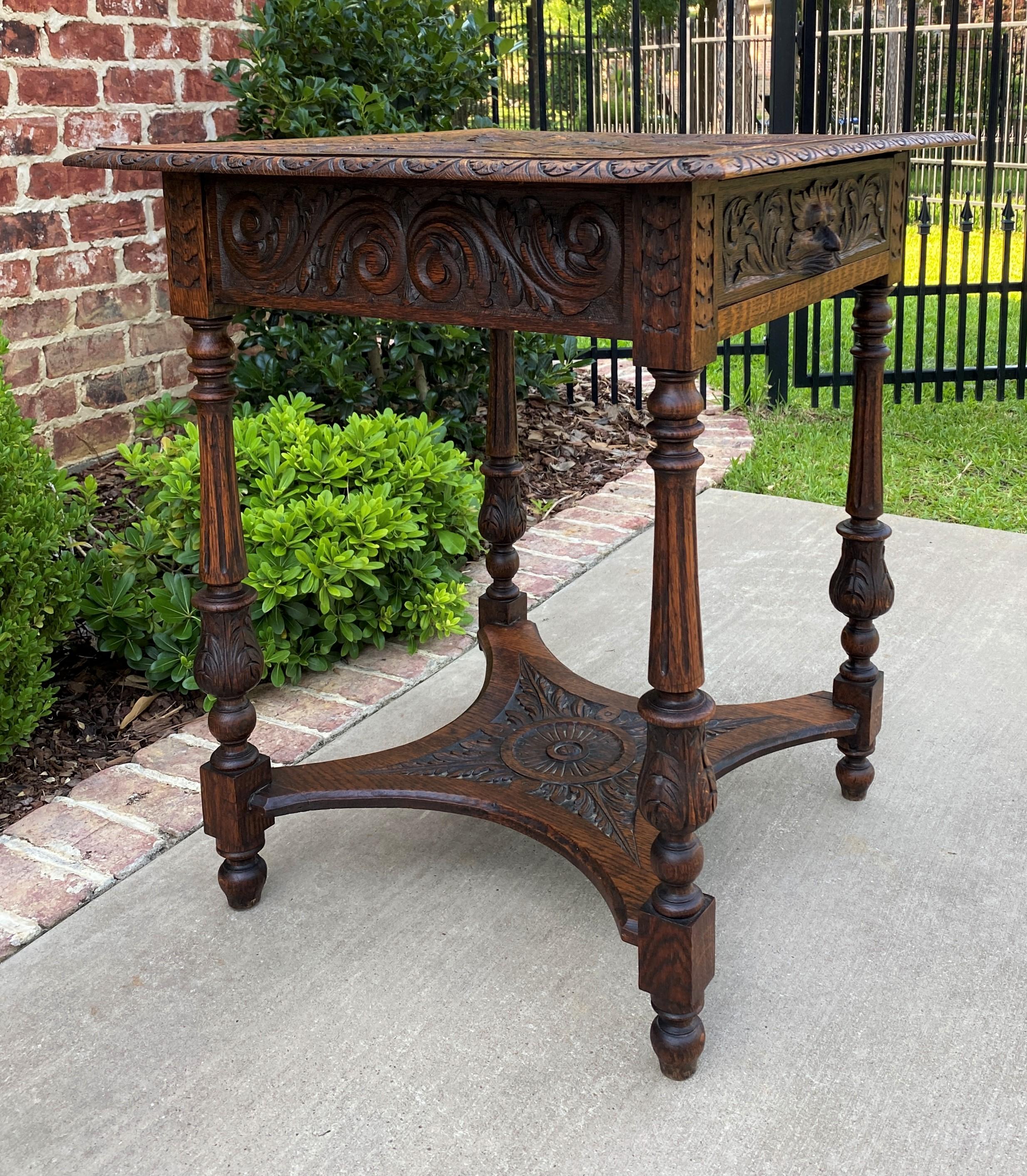 Arts and Crafts Antique English Side End Table Carved Oak 2-Tier Nightstand W Drawer Square Top 