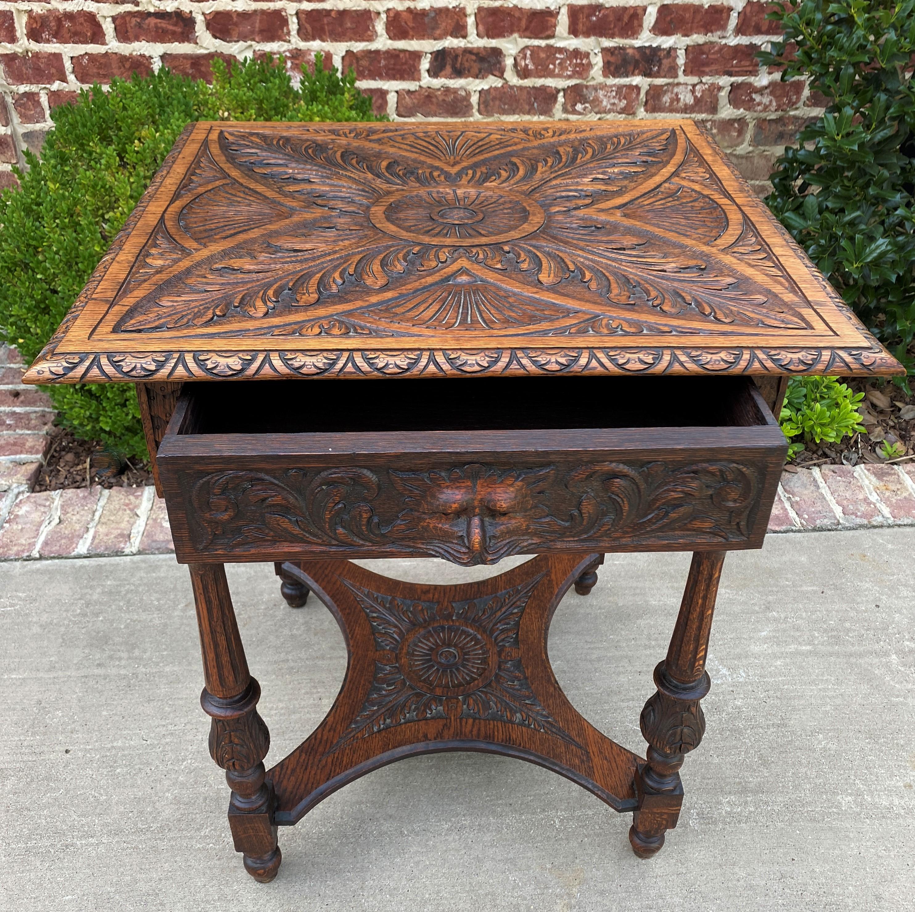 Antique English Side End Table Carved Oak 2-Tier Nightstand W Drawer Square Top  In Good Condition In Tyler, TX