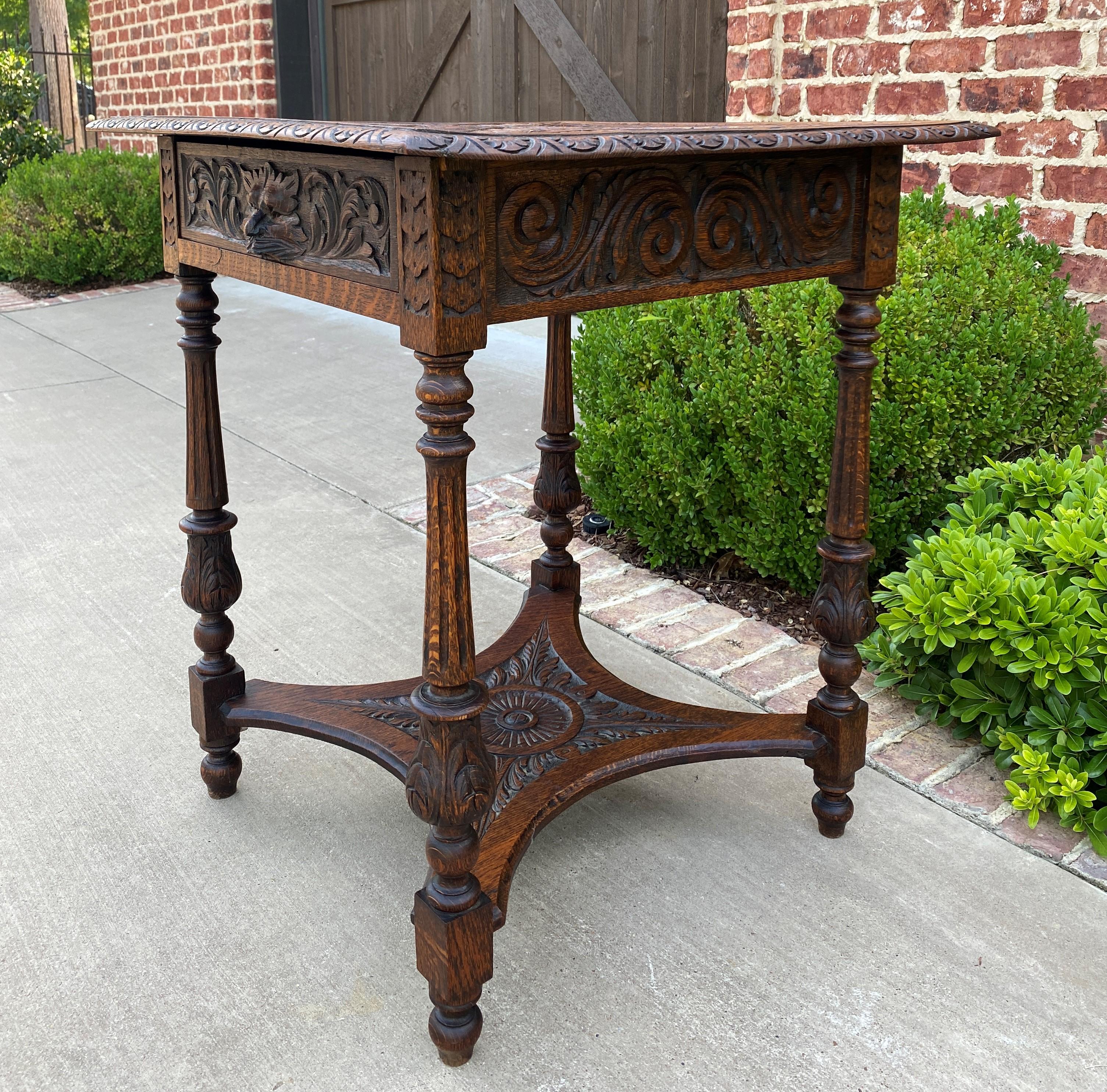 Early 20th Century Antique English Side End Table Carved Oak 2-Tier Nightstand W Drawer Square Top 