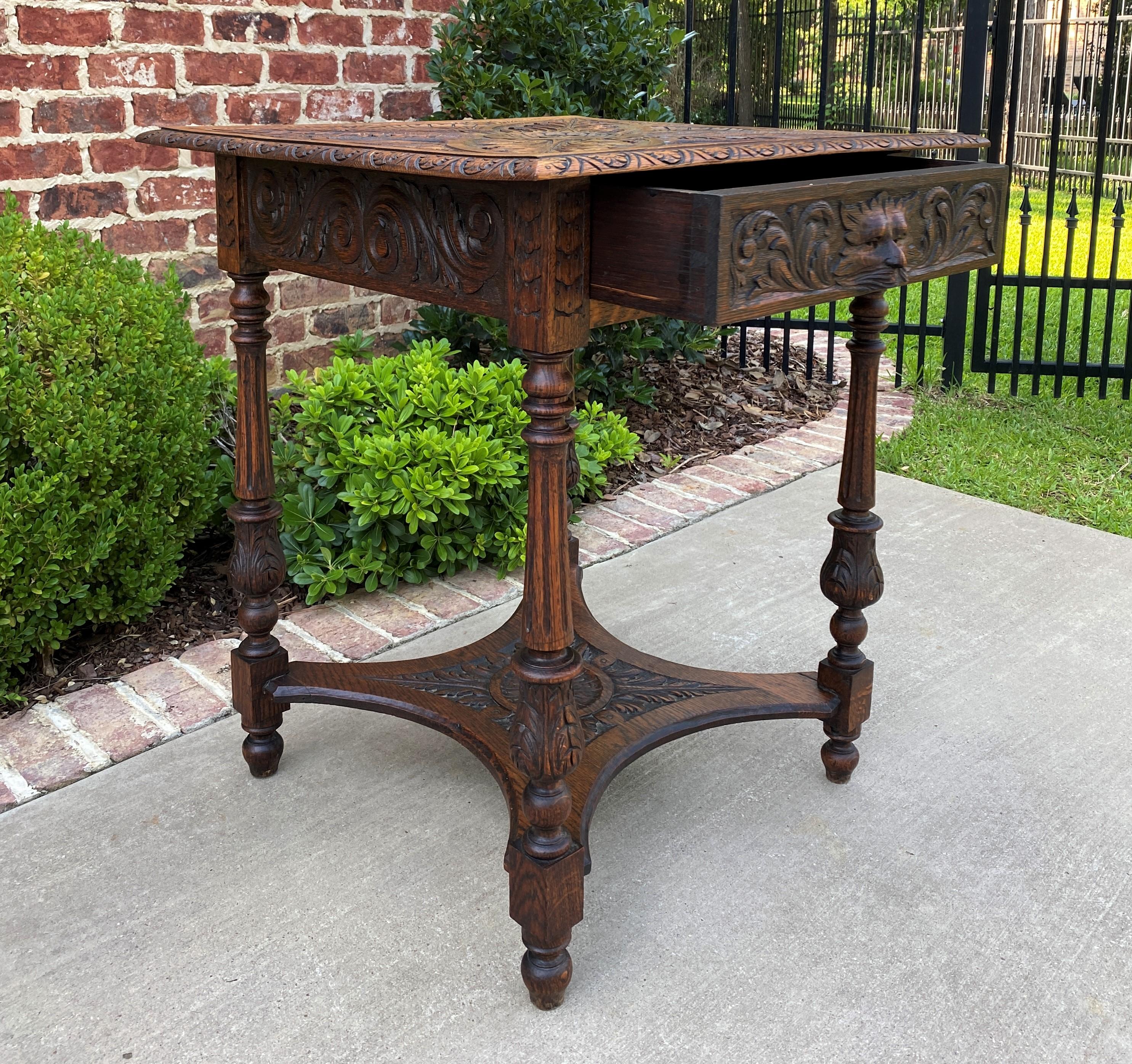 Antique English Side End Table Carved Oak 2-Tier Nightstand W Drawer Square Top  1