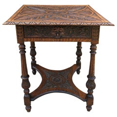 Antique English Side End Table Carved Oak 2-Tier Nightstand W Drawer Square Top
