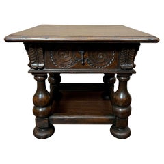 Antique English Side End Table Small Square Carved Oak Jacobean Revival c1910