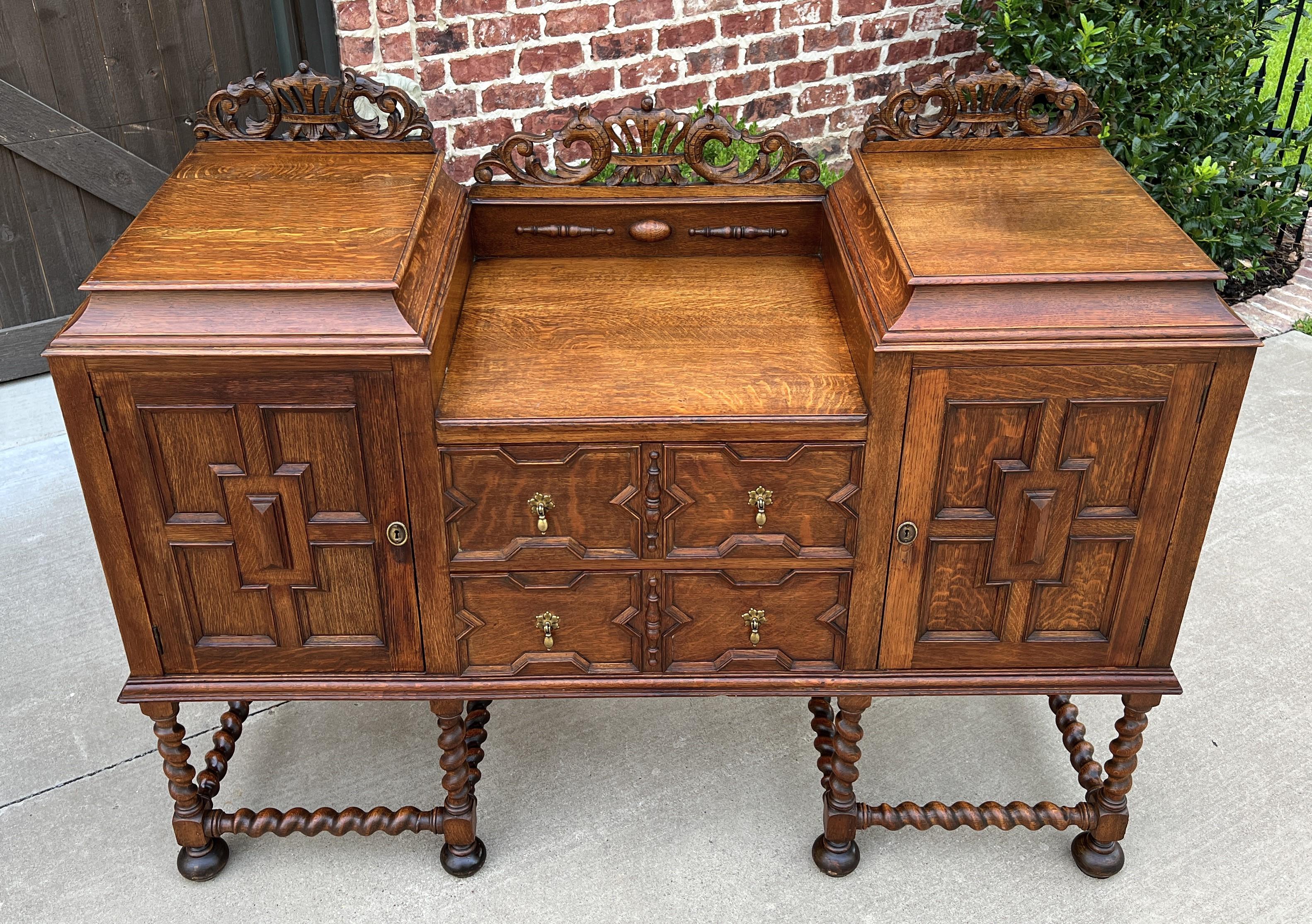 Antique English Sideboard Buffet Server Jacobean Barley Twist Oak Cabinet 4