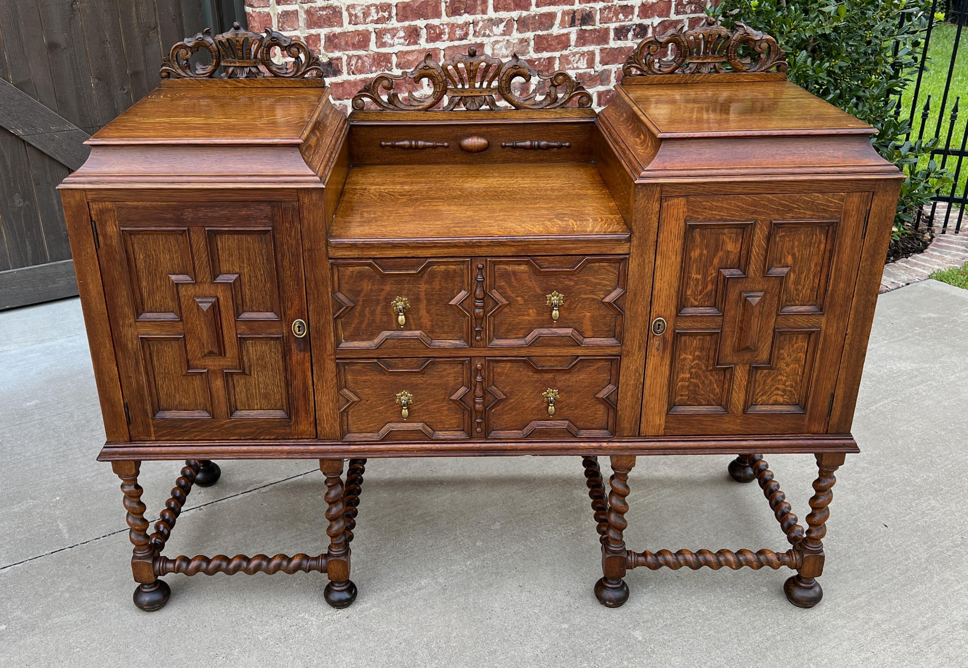 Antique English Sideboard Buffet Server Jacobean Barley Twist Oak Cabinet 5
