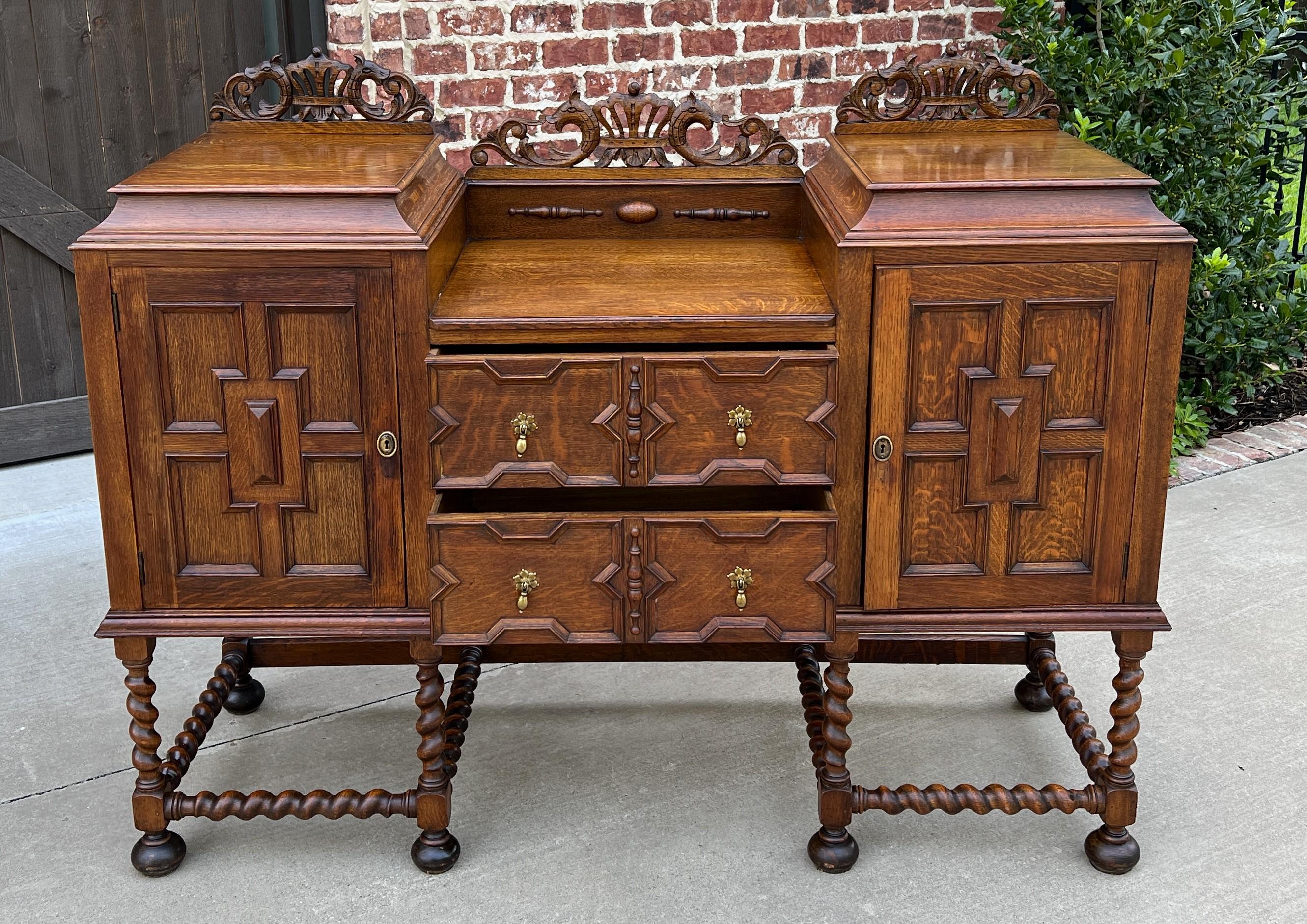 Antique English Sideboard Buffet Server Jacobean Barley Twist Oak Cabinet 8