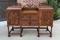 Antique English Sideboard Buffet Server Jacobean Barley Twist Oak Cabinet
