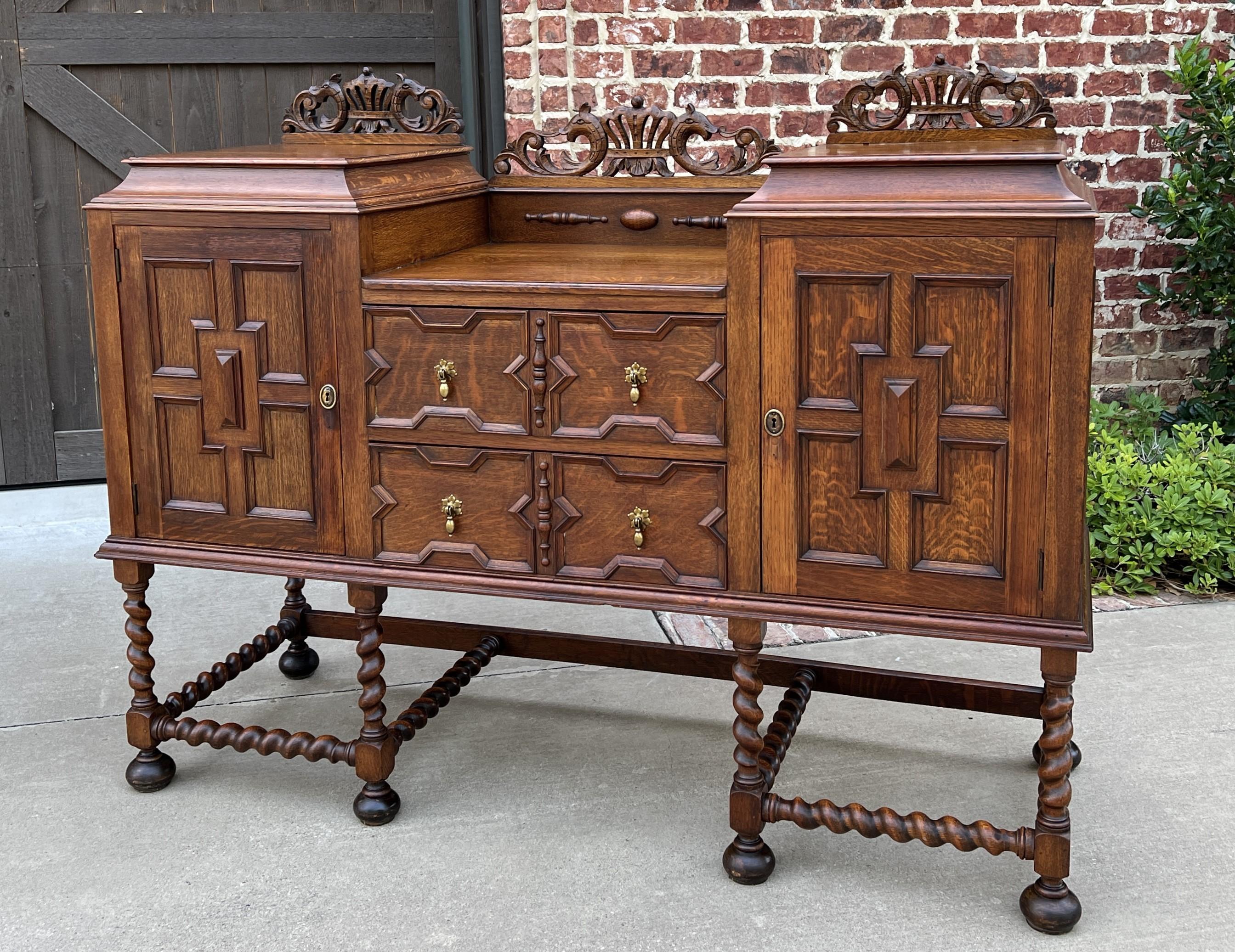 Early 20th Century Antique English Sideboard Buffet Server Jacobean Barley Twist Oak Cabinet