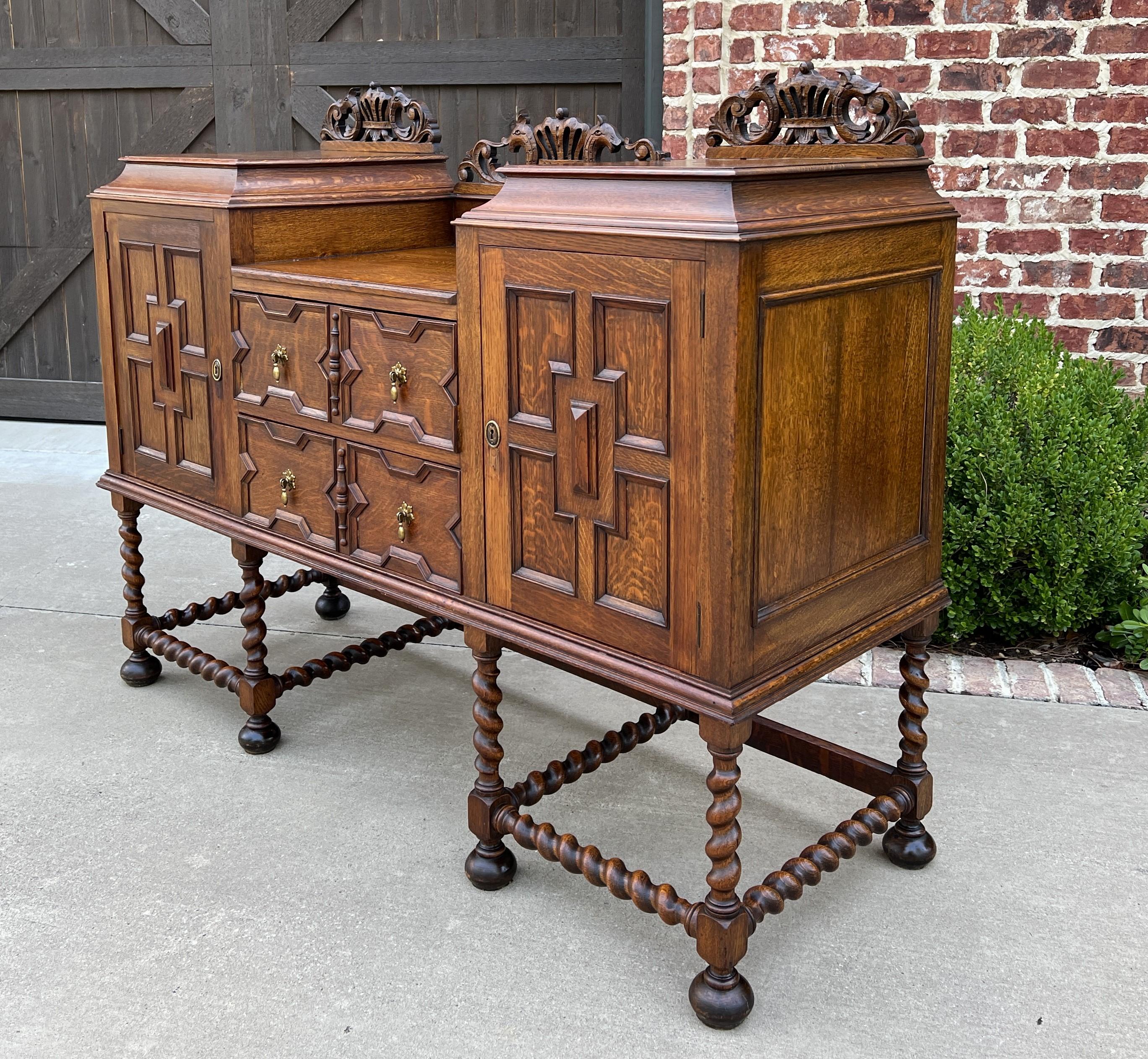 Antique English Sideboard Buffet Server Jacobean Barley Twist Oak Cabinet 1