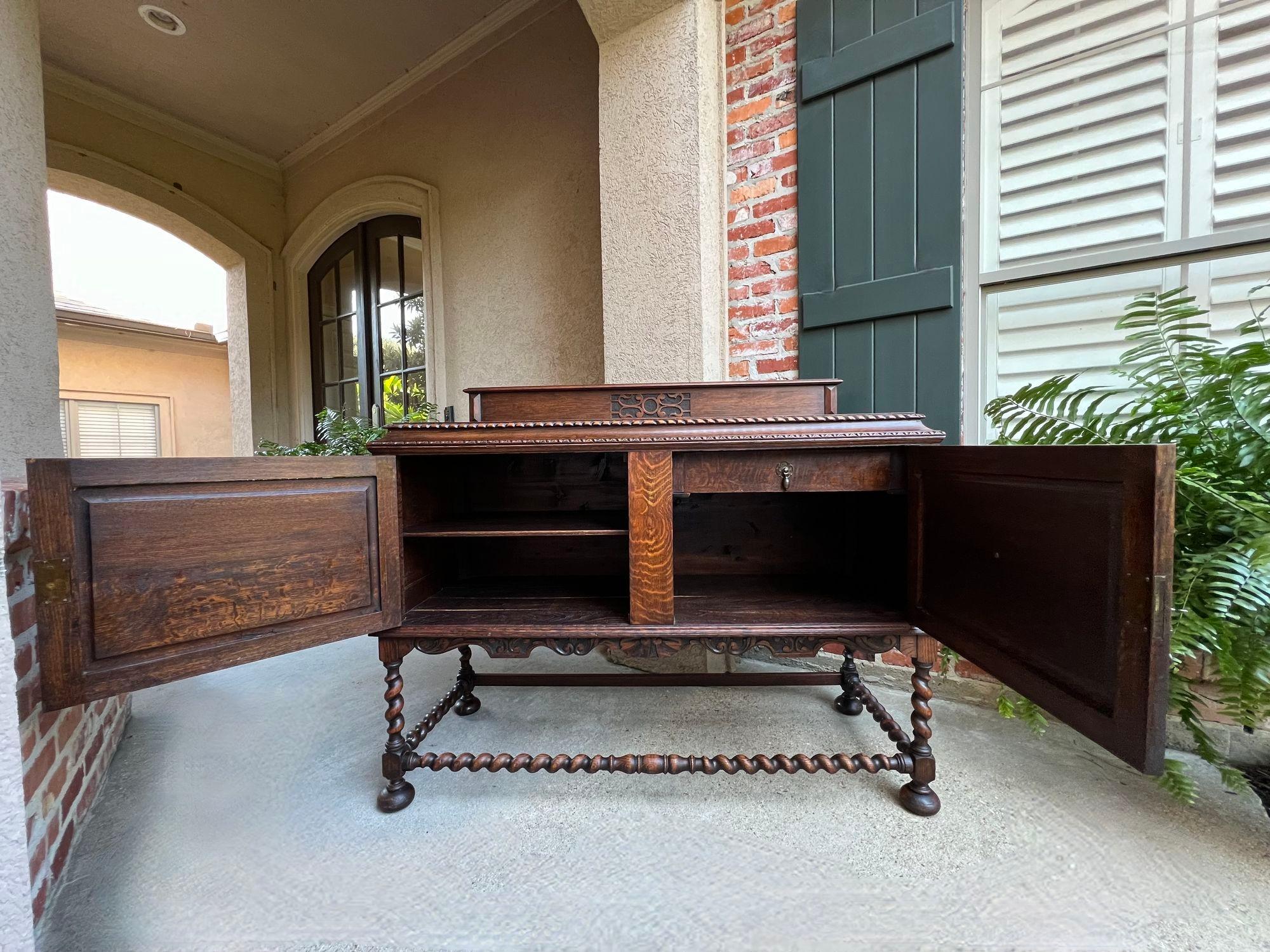 Antique English Sideboard Server Buffet BARLEY TWIST Carved Tiger Oak Jacobean 5