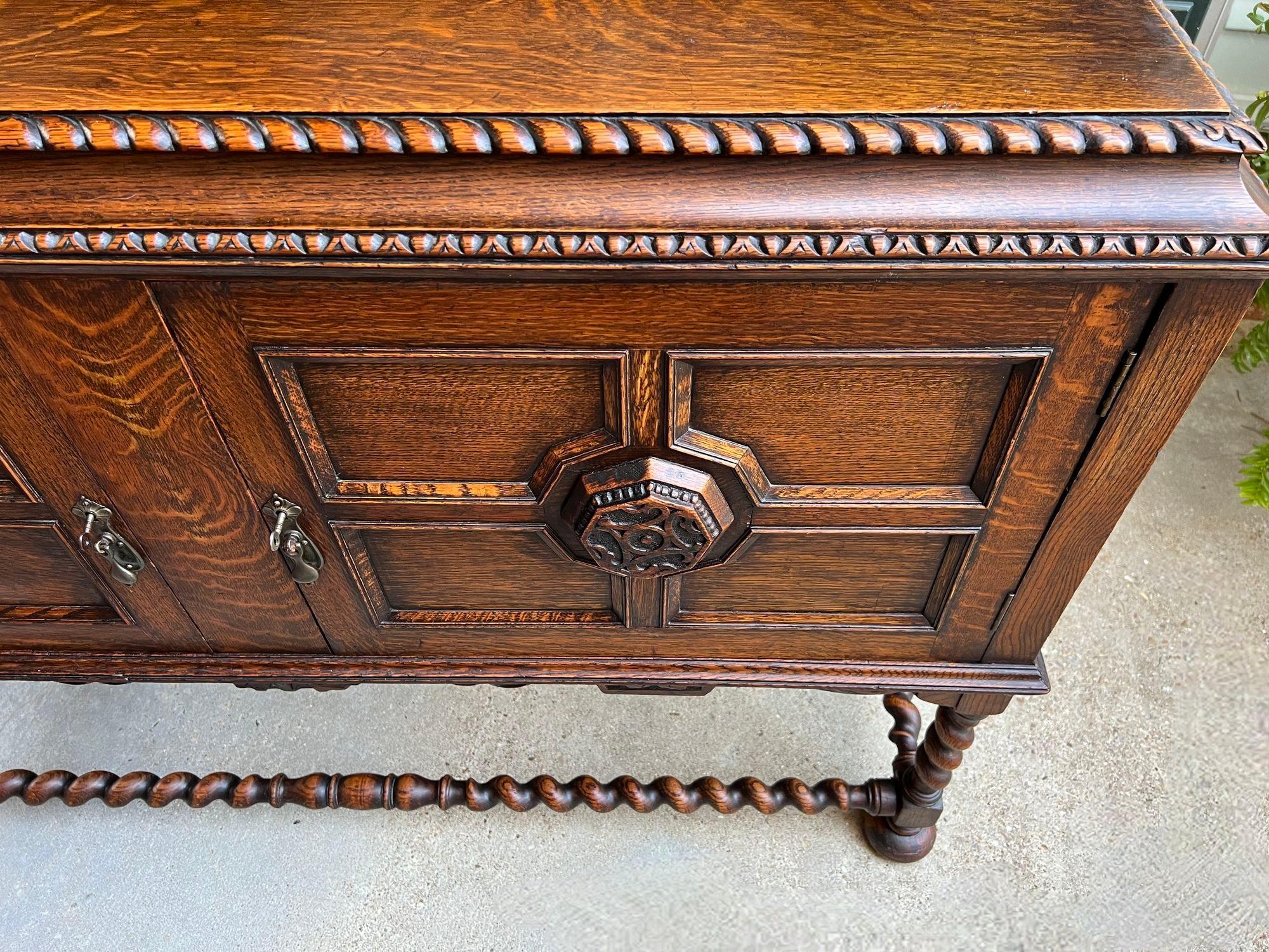Antique English Sideboard Server Buffet BARLEY TWIST Carved Tiger Oak Jacobean 12