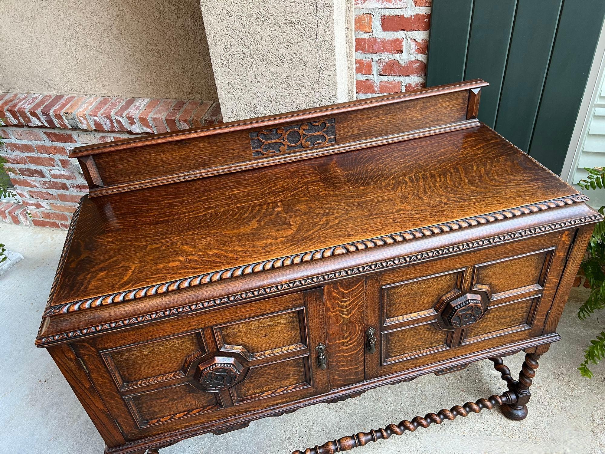 Antique English Sideboard Server Buffet BARLEY TWIST Carved Tiger Oak Jacobean In Good Condition In Shreveport, LA