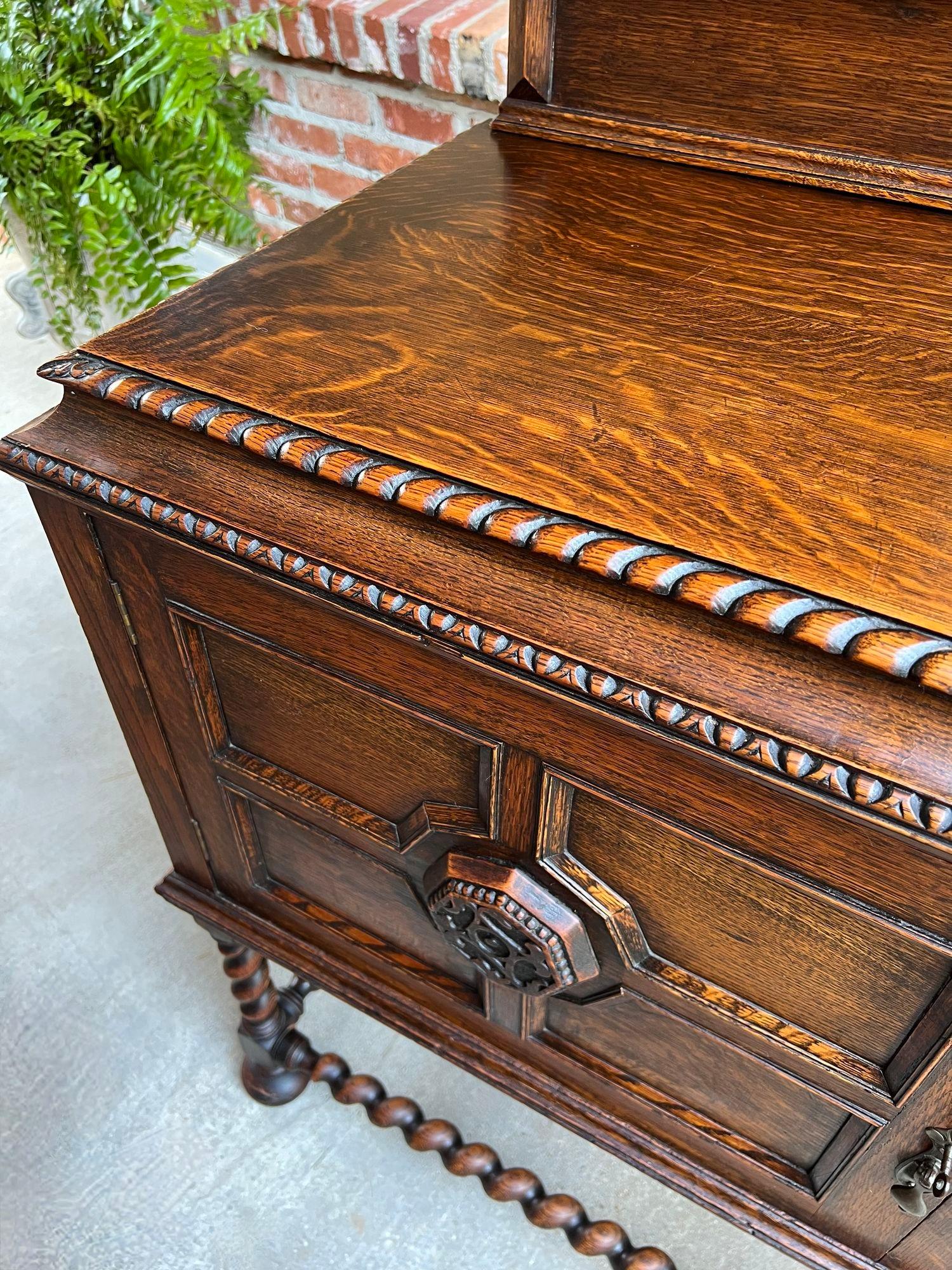 Early 20th Century Antique English Sideboard Server Buffet BARLEY TWIST Carved Tiger Oak Jacobean