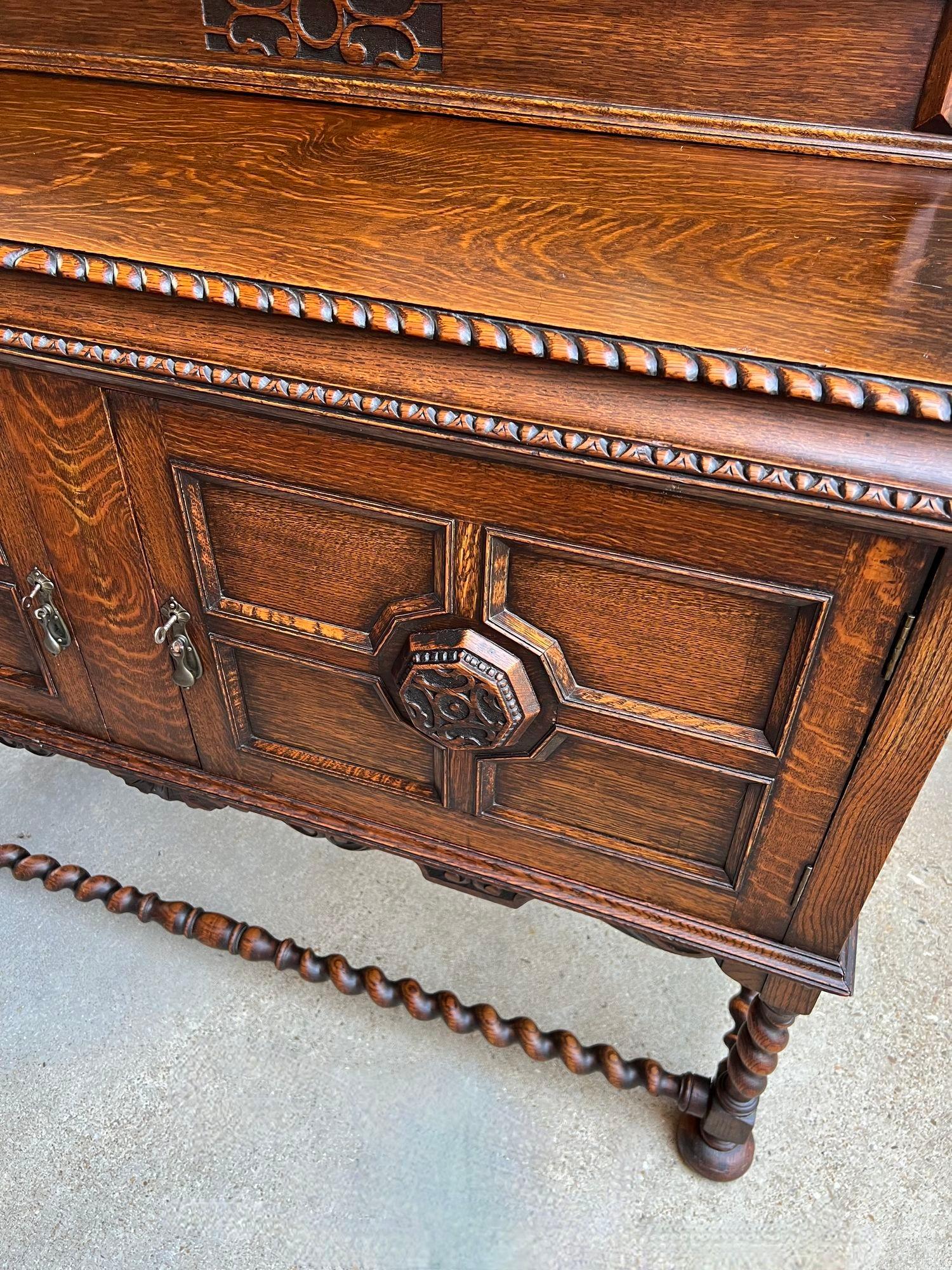 Antique English Sideboard Server Buffet BARLEY TWIST Carved Tiger Oak Jacobean 2