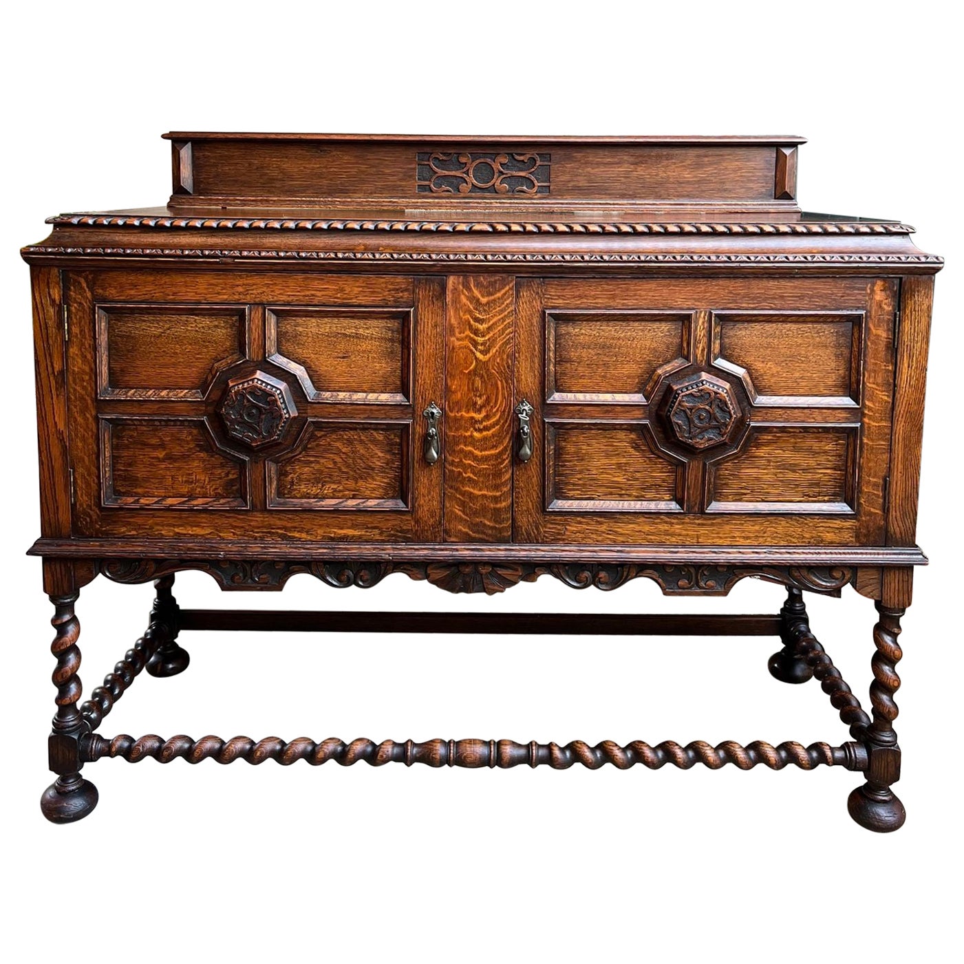 Antique English Sideboard Server Buffet BARLEY TWIST Carved Tiger Oak Jacobean