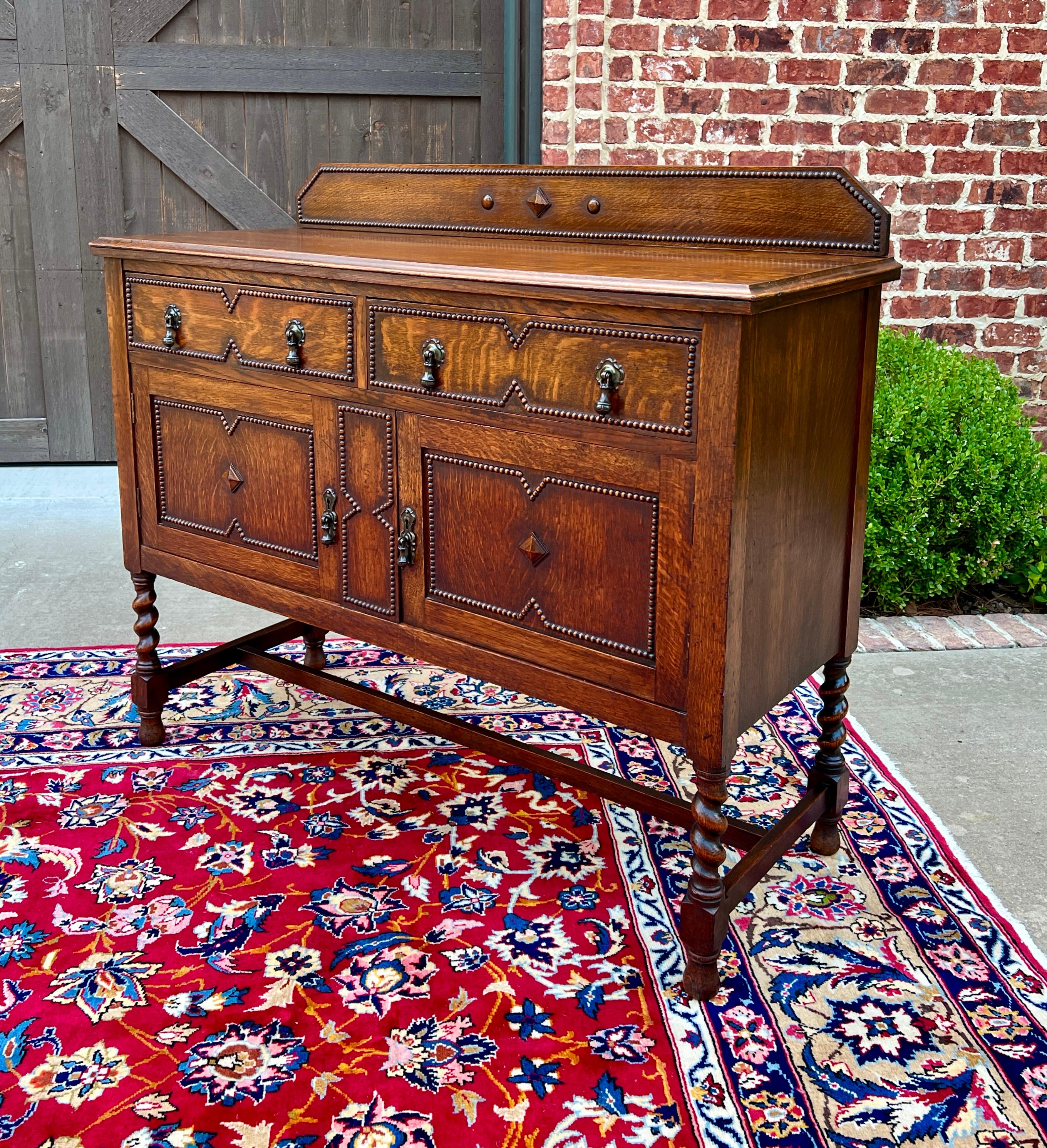 Carved Antique English Sideboard Server Buffet Barley Twist Jacobean Honey Oak c.1930s