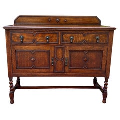 Vintage English Sideboard Server Buffet Barley Twist Jacobean Honey Oak c.1930s