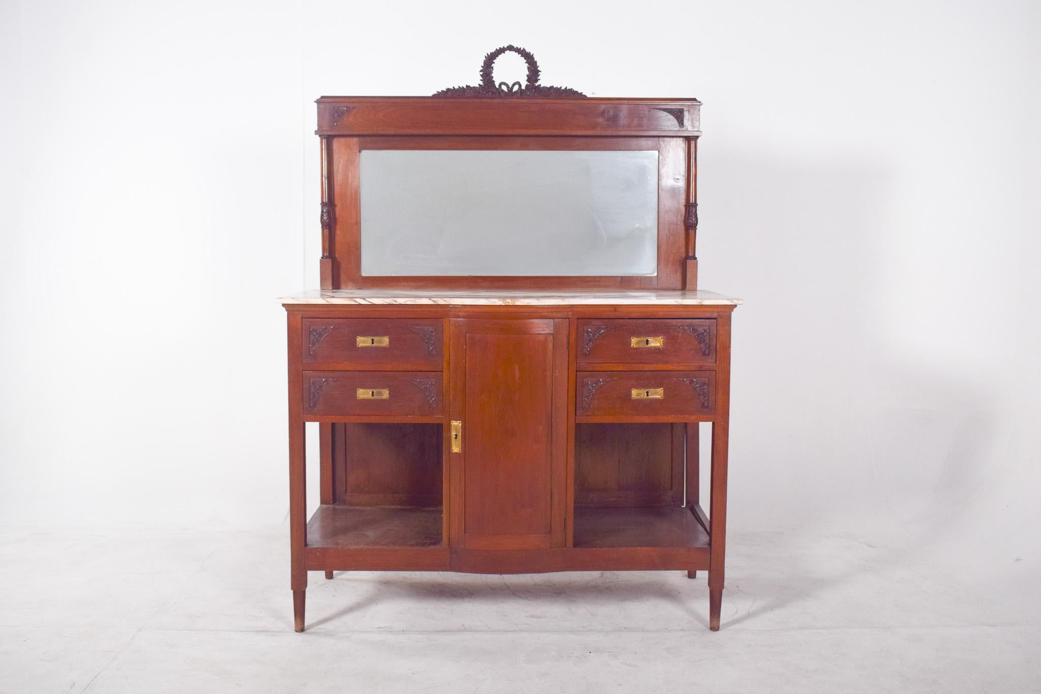 Antique English Sideboard with Marble Top and Mirror For Sale 4
