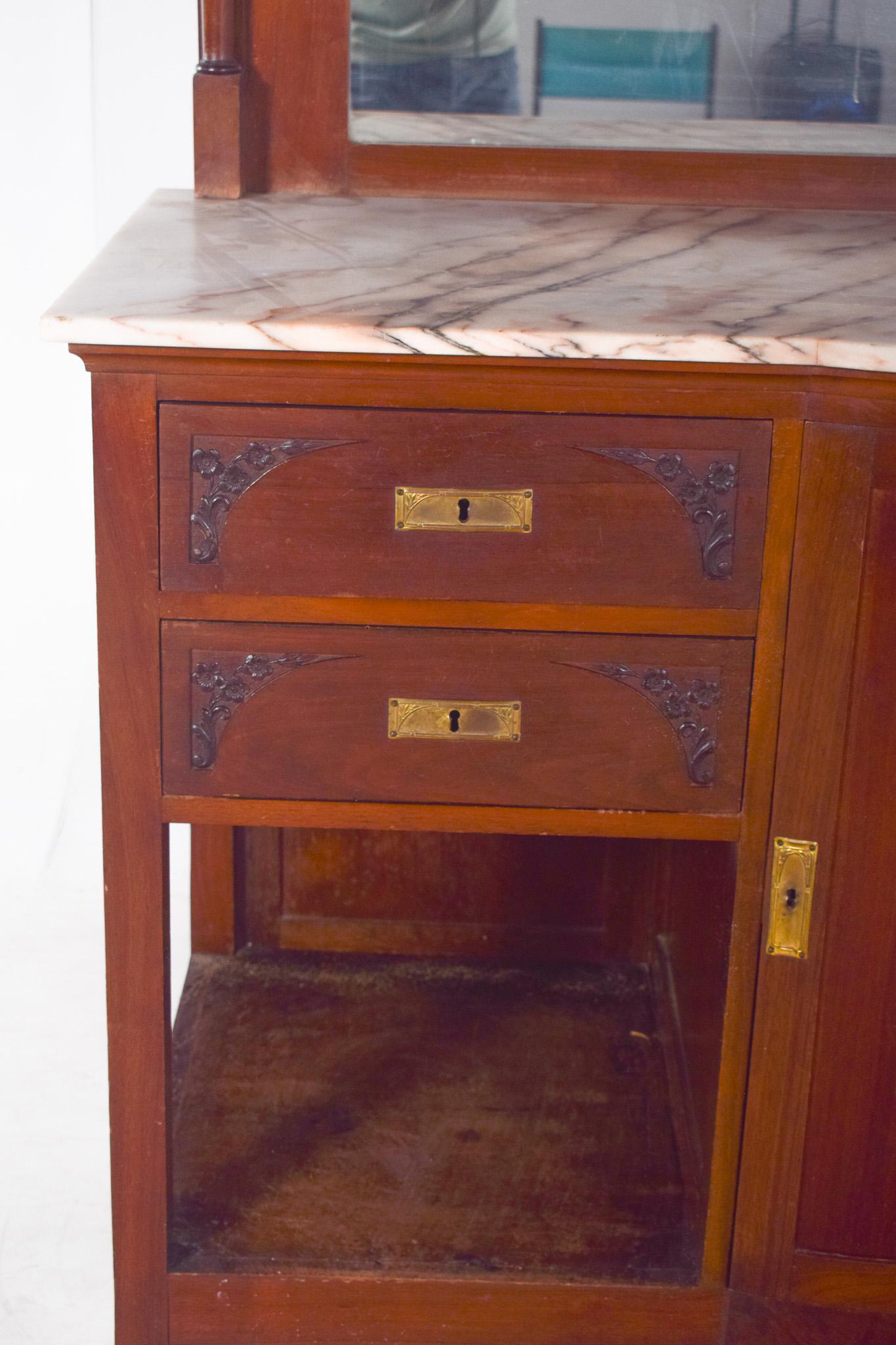 Other Antique English Sideboard with Marble Top and Mirror For Sale