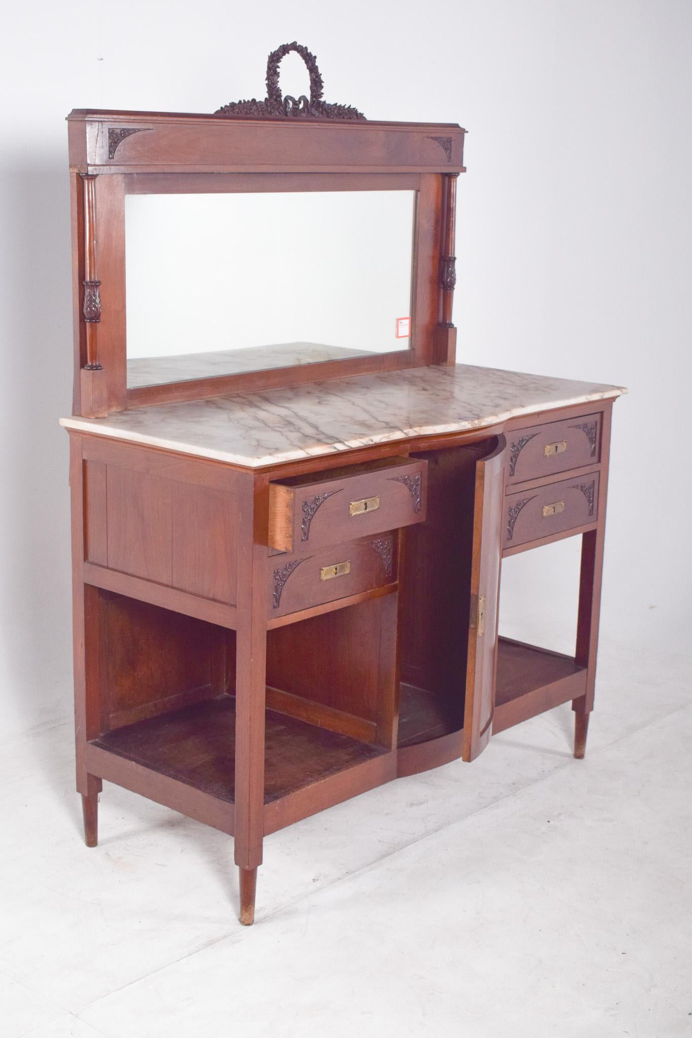 Antique English Sideboard with Marble Top and Mirror For Sale 3