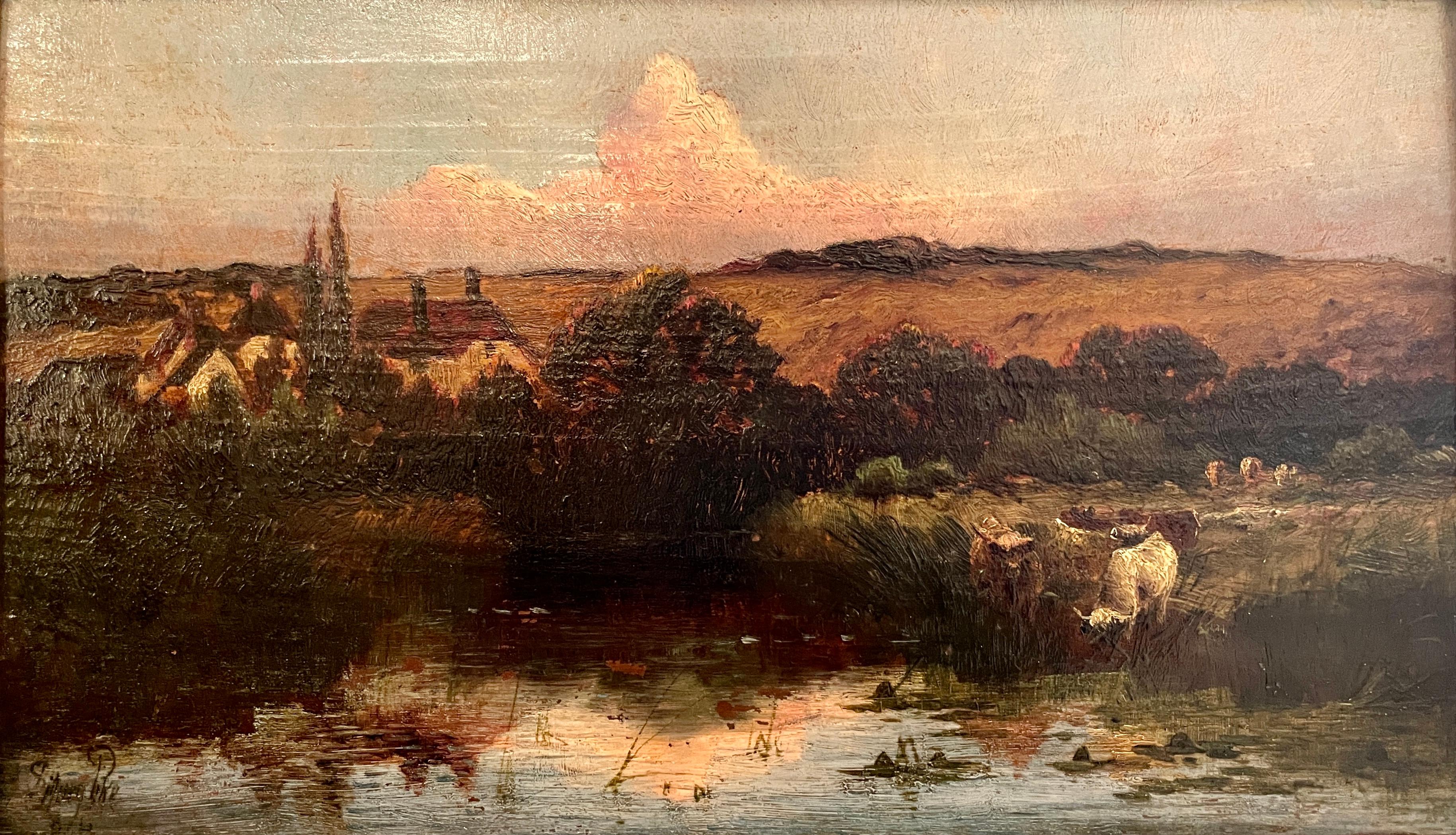 Antique English Victorian signed and framed landscape oil painting on panel, circa 1880s-1890s. 