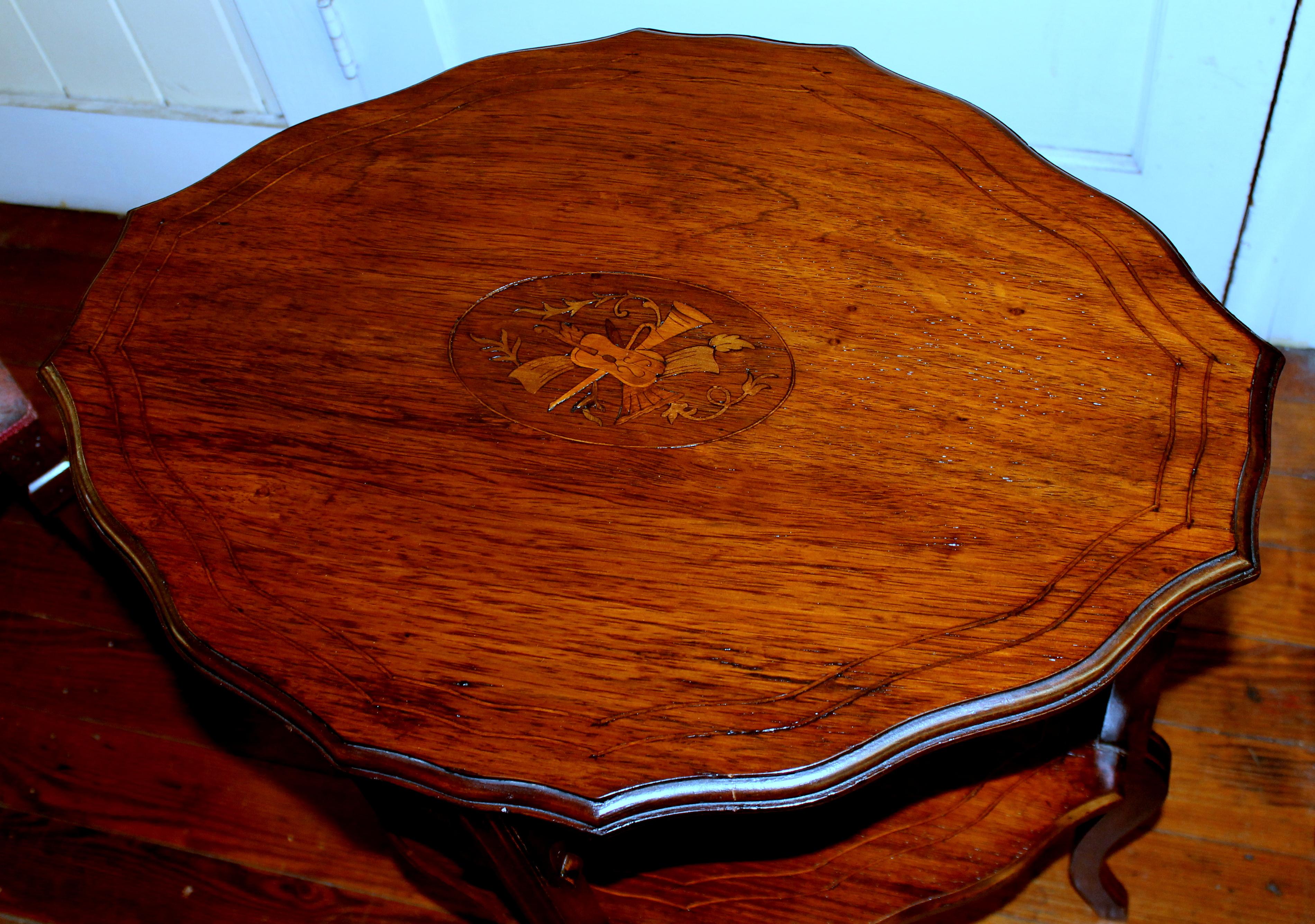 Hand-Crafted Antique English Signed Inlaid Rosewood Music Motif Oblong Occasional Table