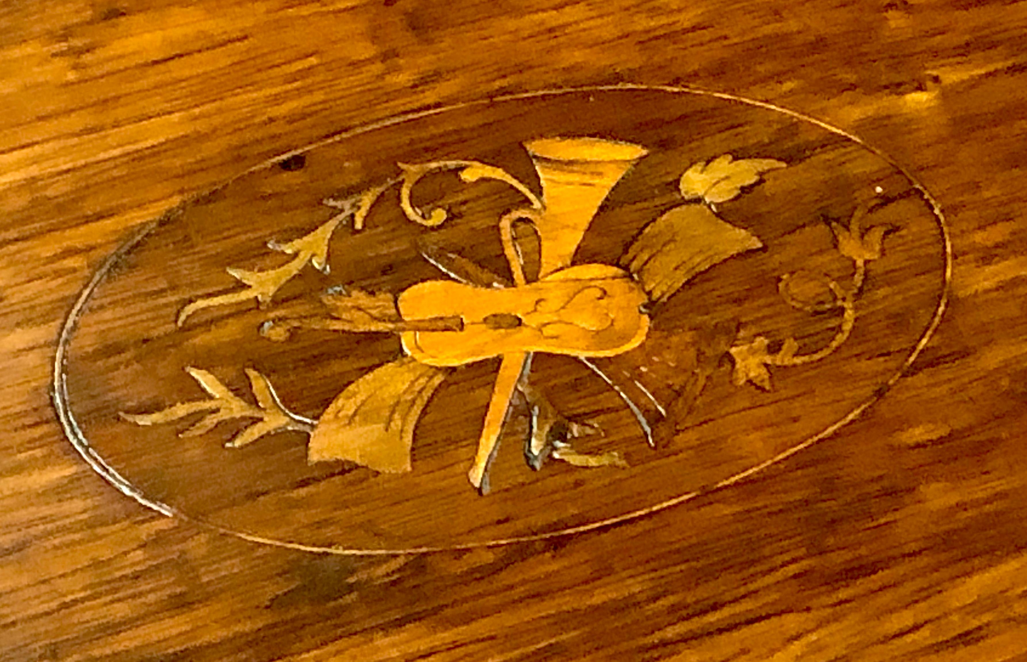 Antique English Signed Inlaid Rosewood Music Motif Oblong Occasional Table In Good Condition In Charleston, SC