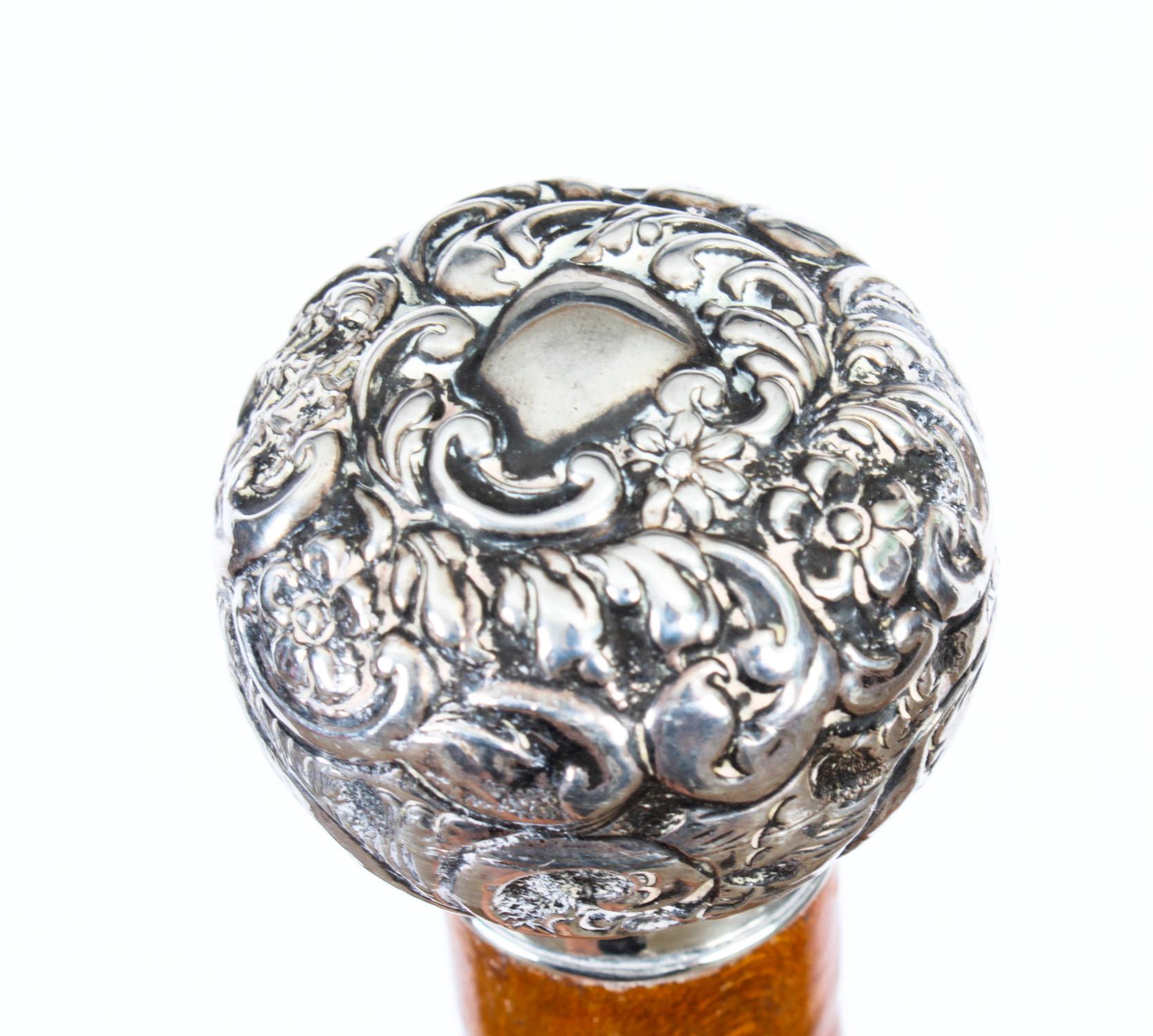 Sterling Silver Antique English Silver & Birds Eye Maple Walking Stick Cane, Dated 1903