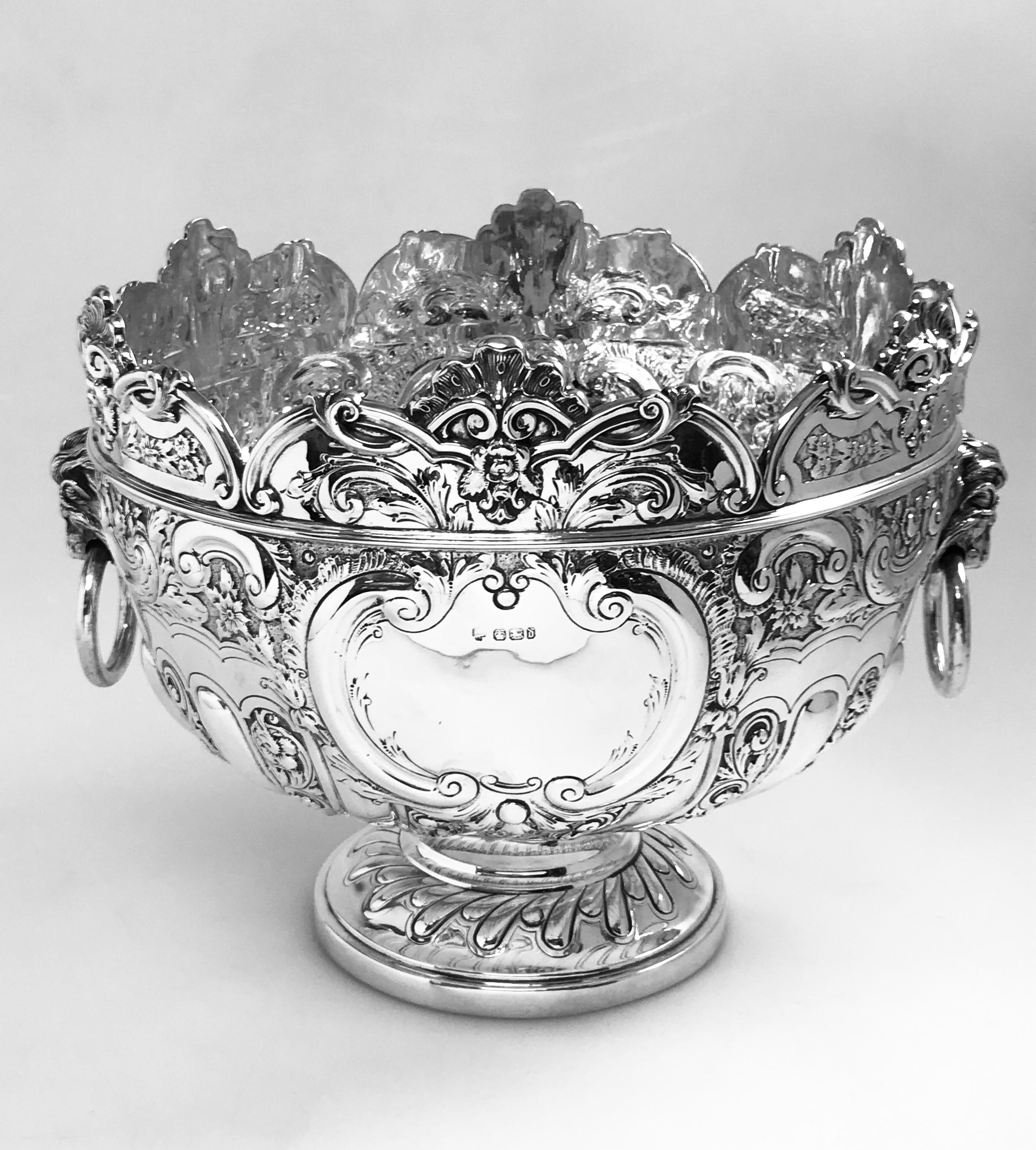 A large and impressive English sterling silver bowl suitable for punch or lots of fruit!
The bowl has a shaped rim, lion-mask ring handles and is beautifully embossed and chased.
Diameter is 31cm
Weight is 2270 gms.