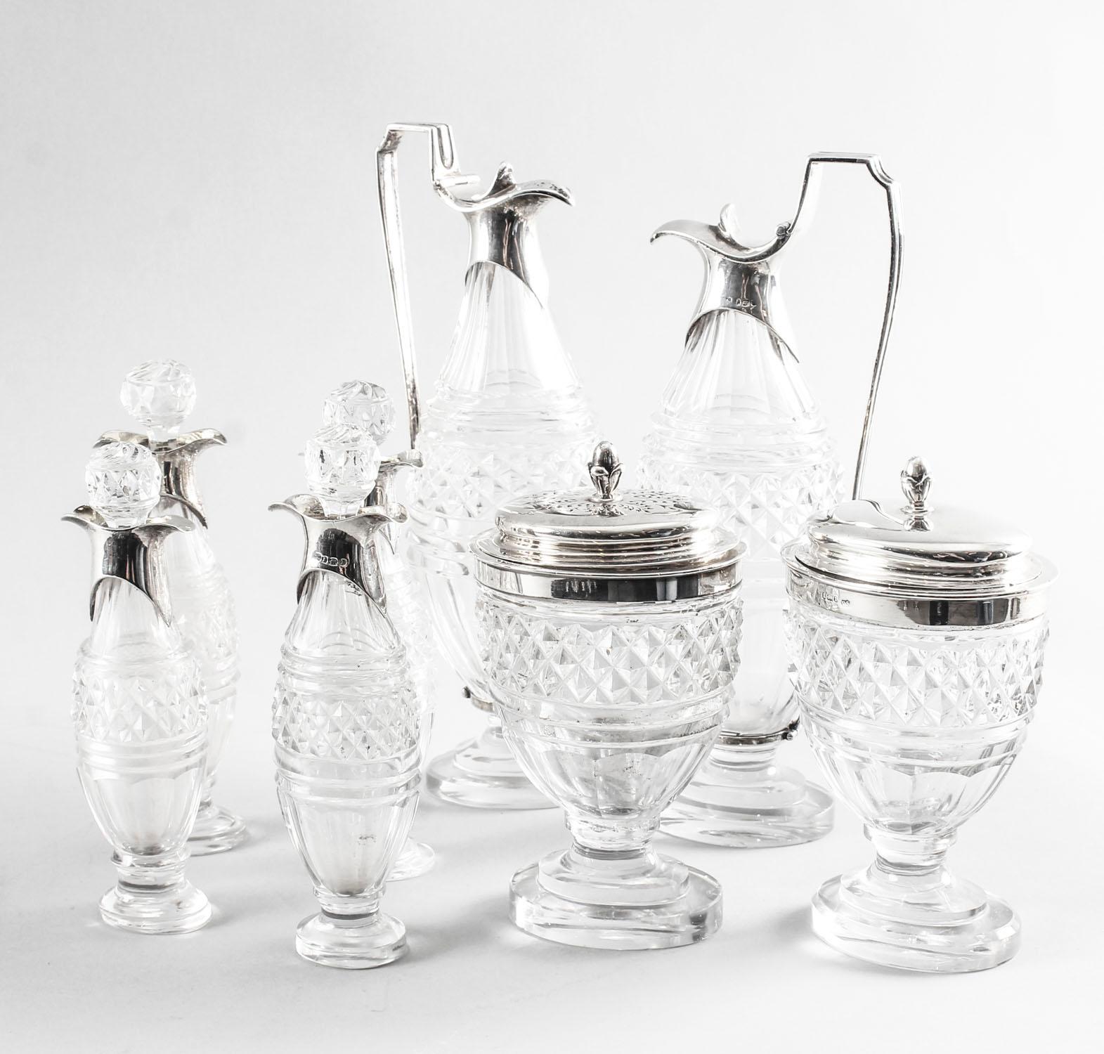 This is an exquisite antique large English George III sterling silver condiment cruet set with hallmarks for London 1800 and the makers mark of the renowned silversmith Paul Storr.

This rare complete set is in superb condition and features eight