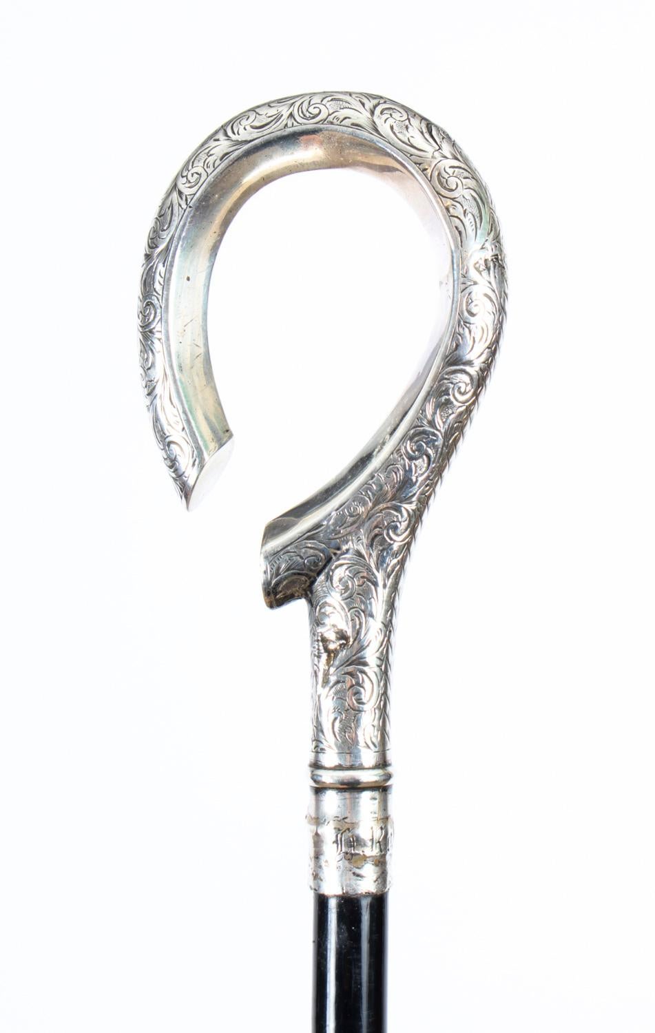 Ebonized Antique English Silver & Ebonised Sword / Walking Stick Cane, 19th Century