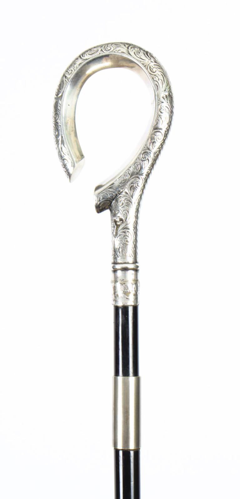 Late 19th Century Antique English Silver & Ebonised Sword / Walking Stick Cane, 19th Century