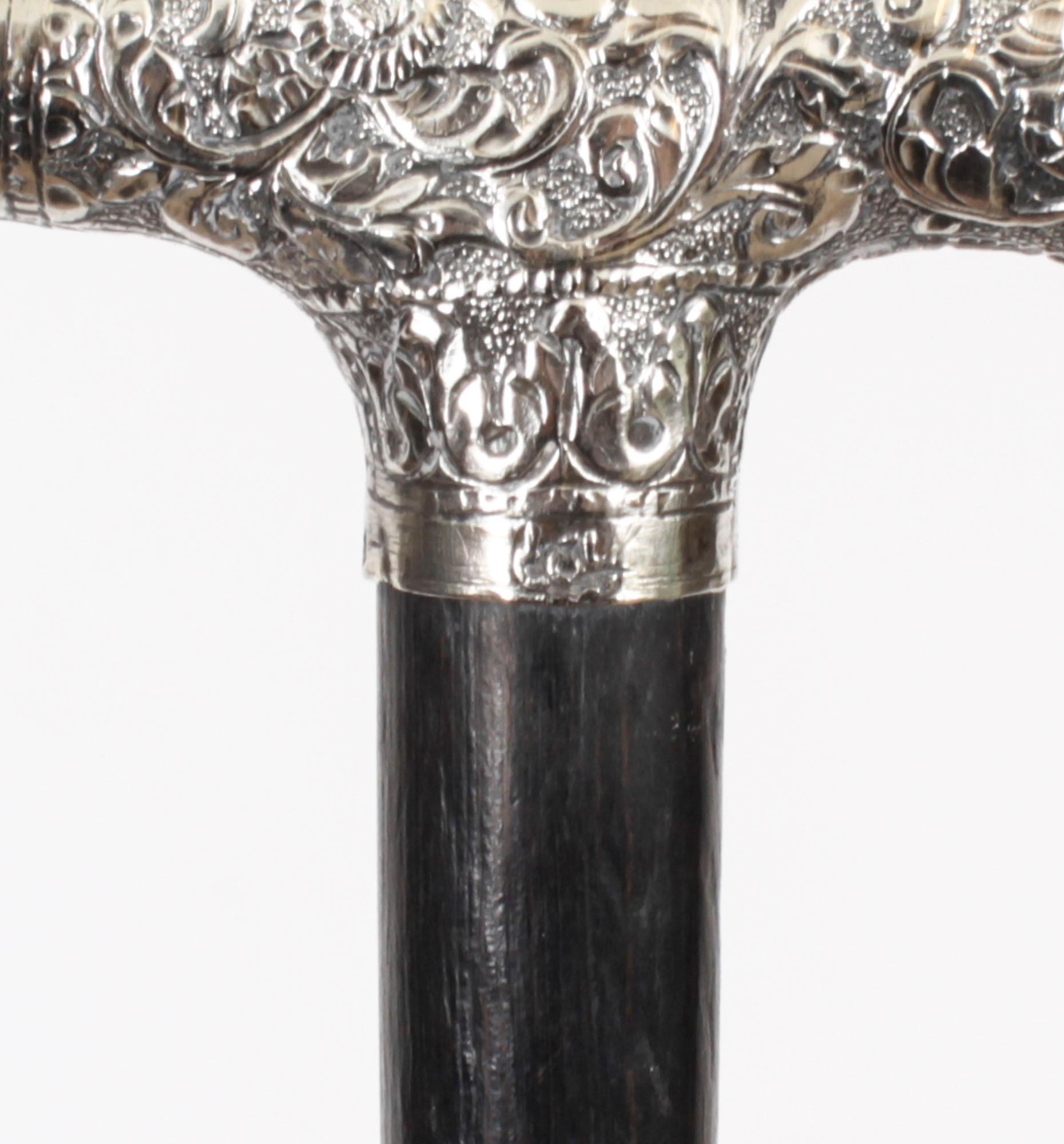 Antique English Silver & Ebonized Walking Stick Cane Circa 1880 In Good Condition For Sale In London, GB