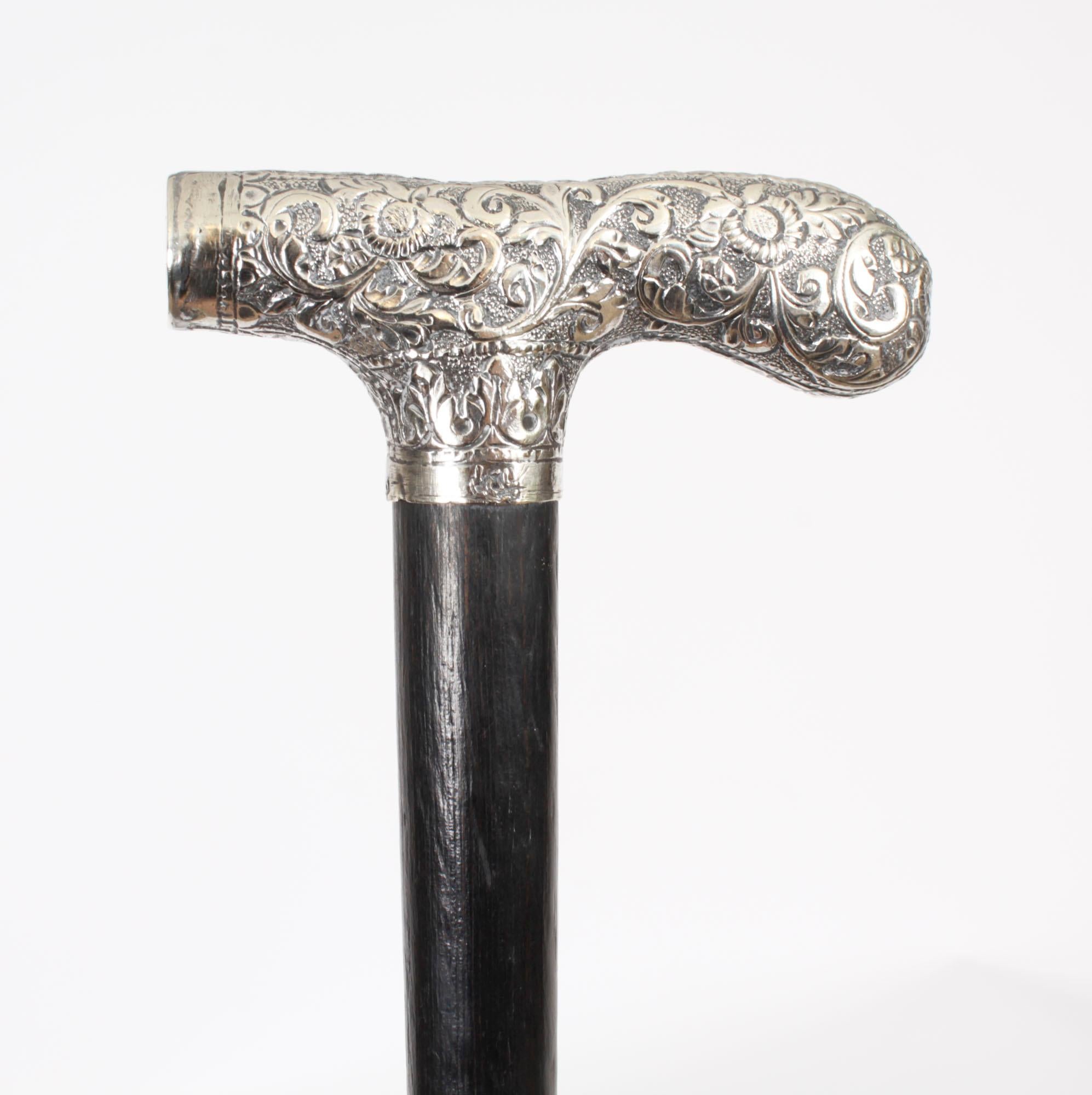 Late 19th Century Antique English Silver & Ebonized Walking Stick Cane Circa 1880