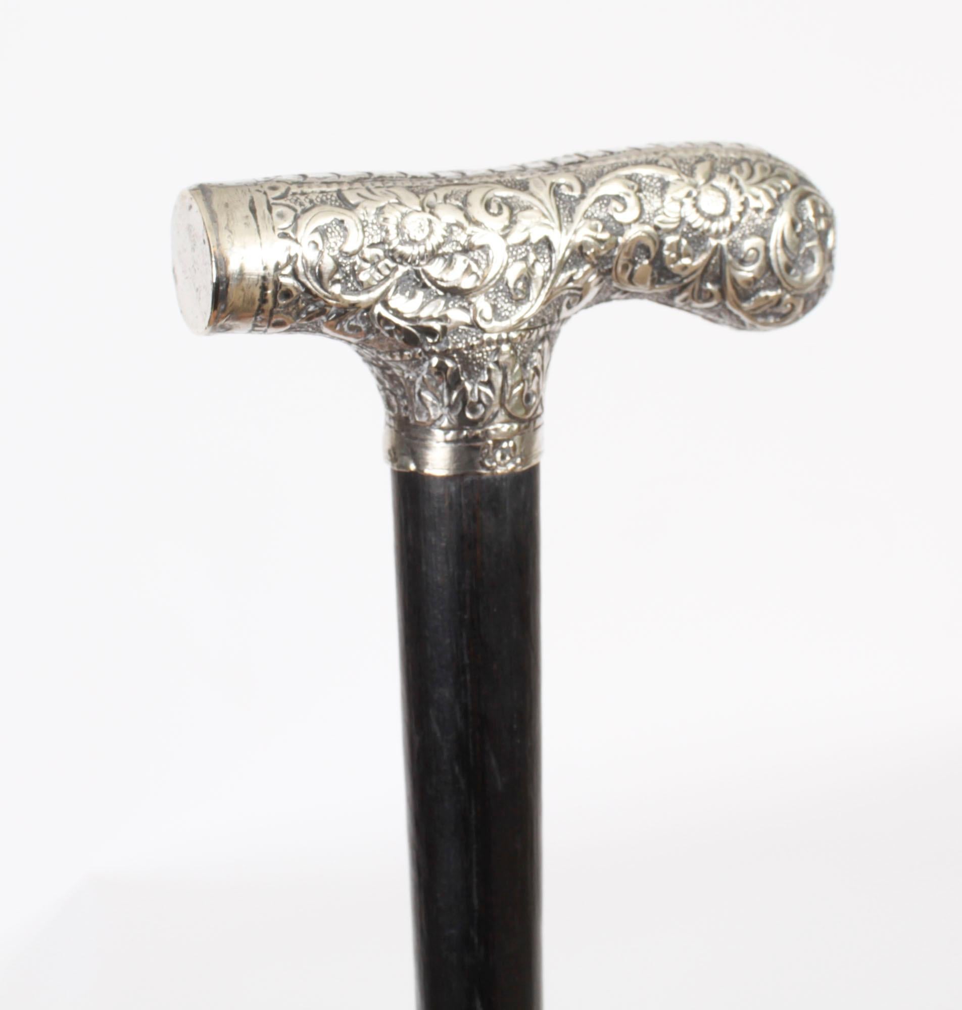 Antique English Silver & Ebonized Walking Stick Cane Circa 1880 For Sale 1