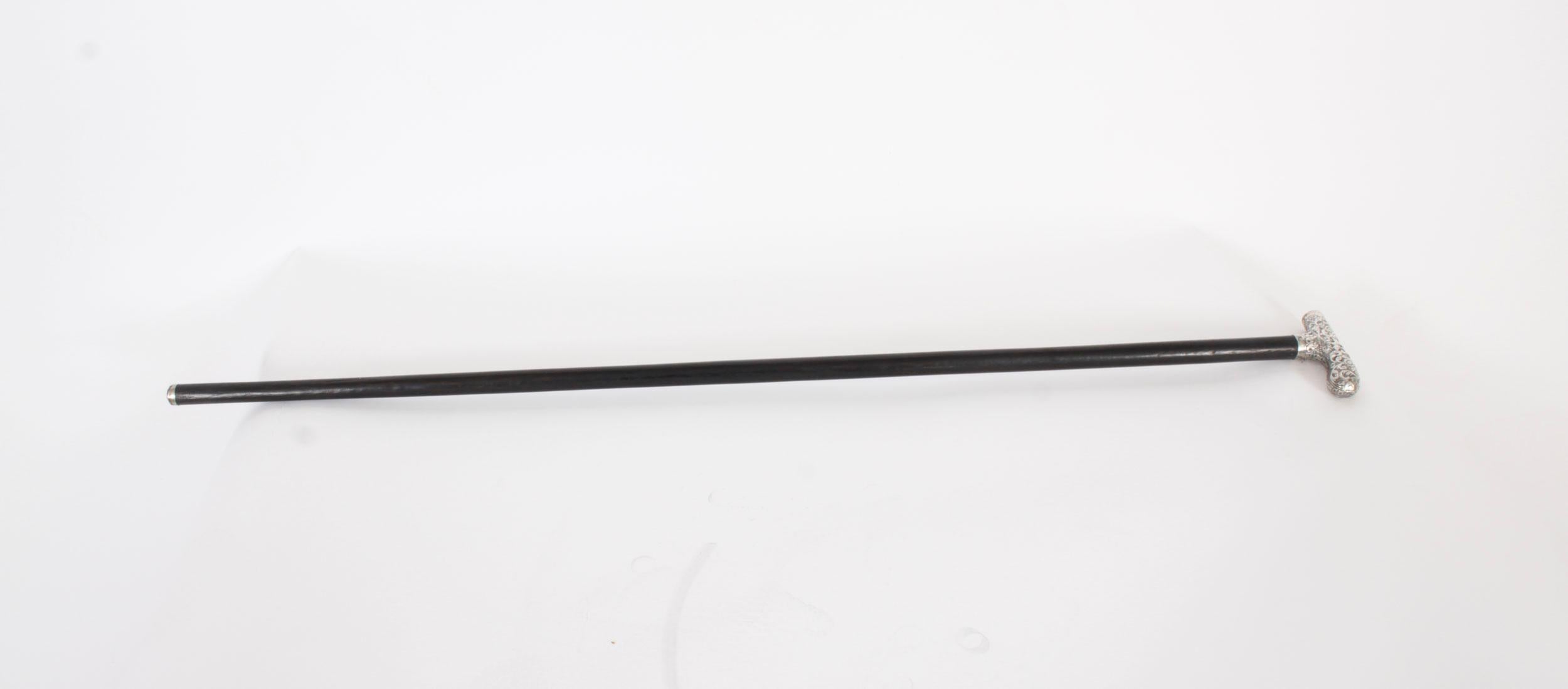 Antique English Silver & Ebonized Walking Stick Cane Circa 1880 2