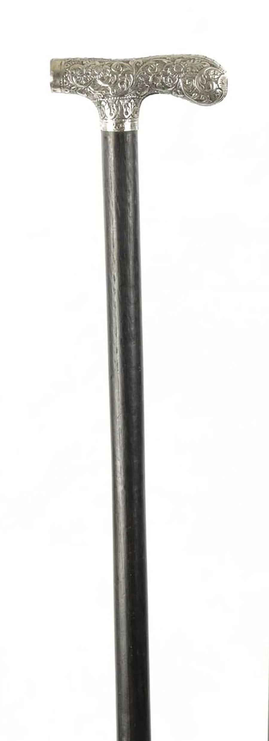 Antique English Silver & Ebonized Walking Stick Cane Circa 1880 For Sale 3