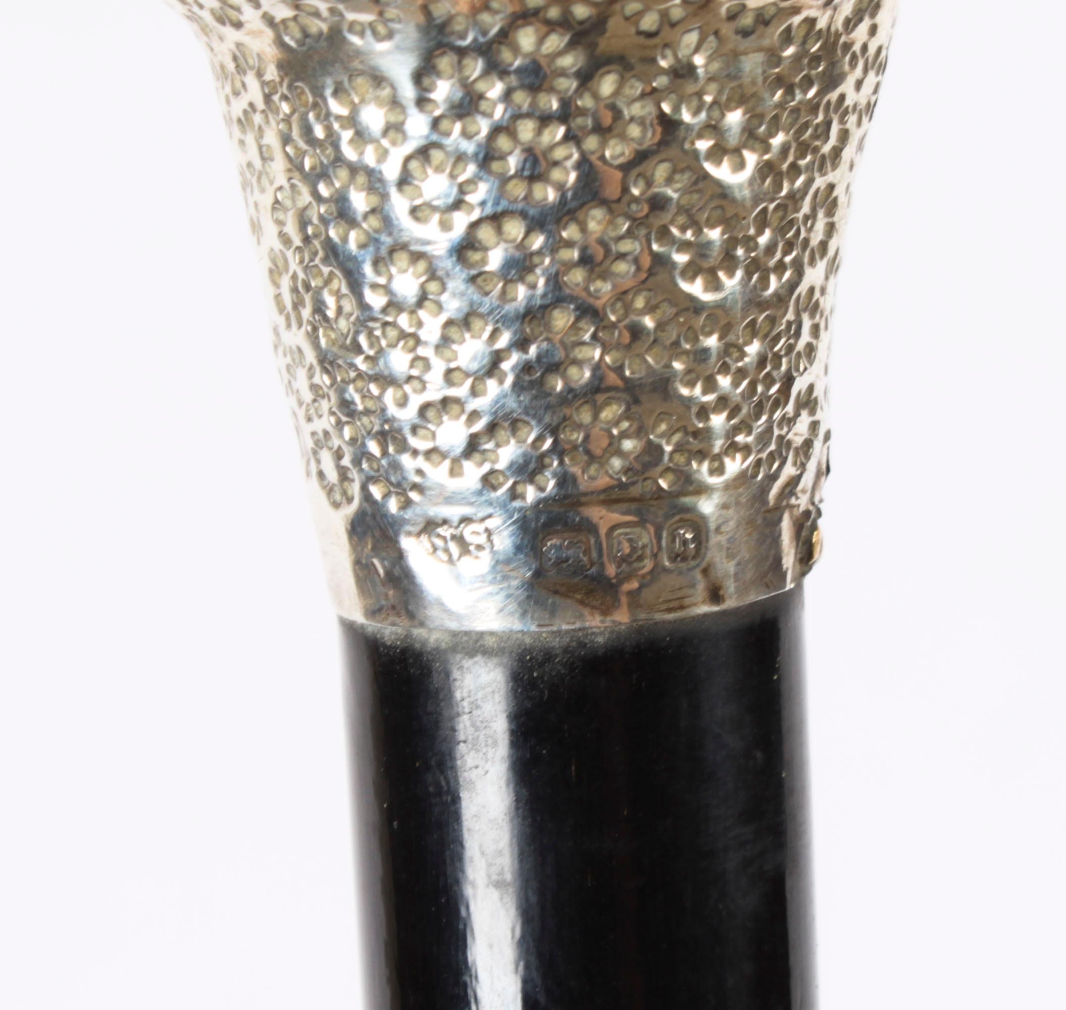 Antique English Silver Ebonized Walking Stick Cane dated 1883 In Good Condition In London, GB