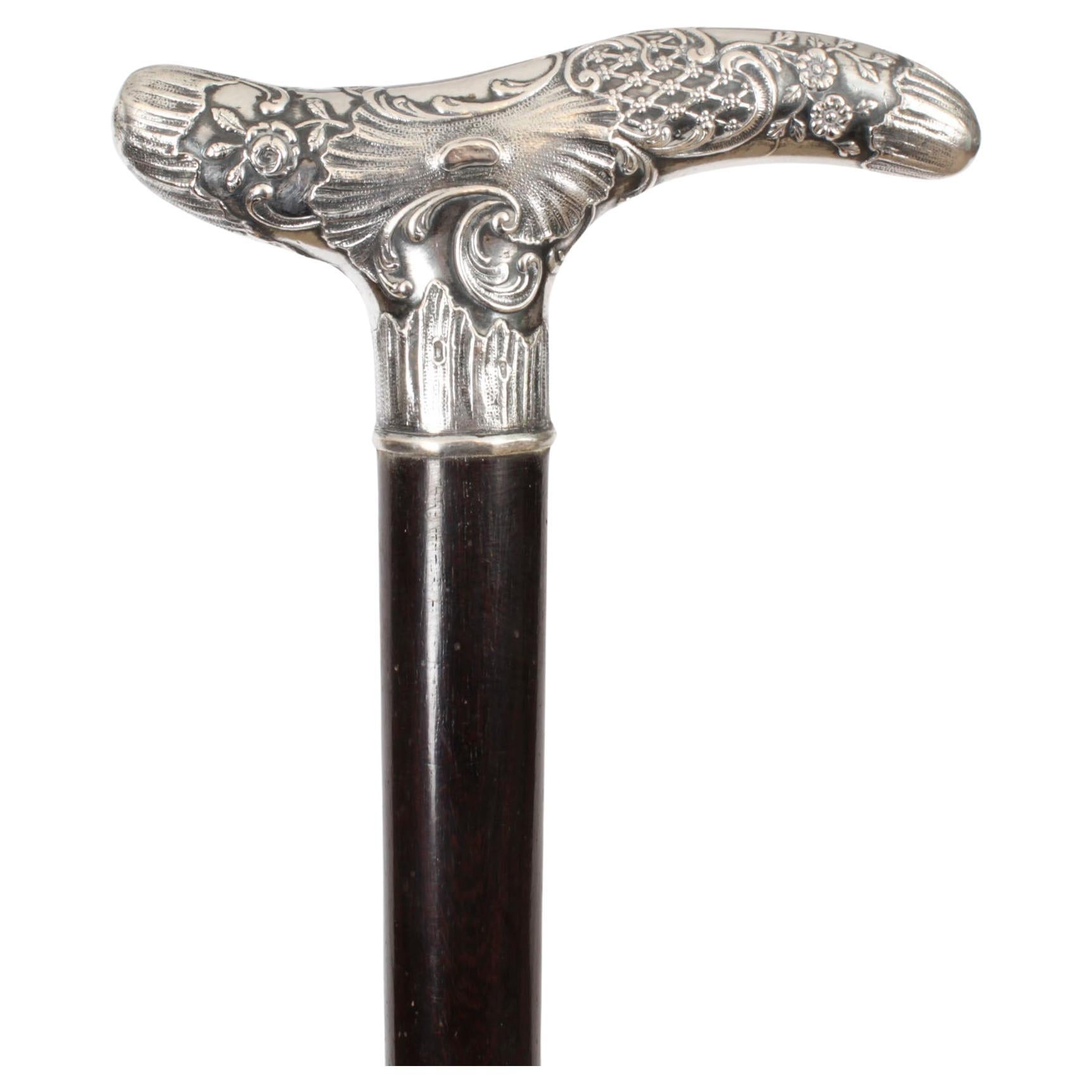 Antique English Silver & Ebonized Walking Stick Circa 1880 19th C For Sale