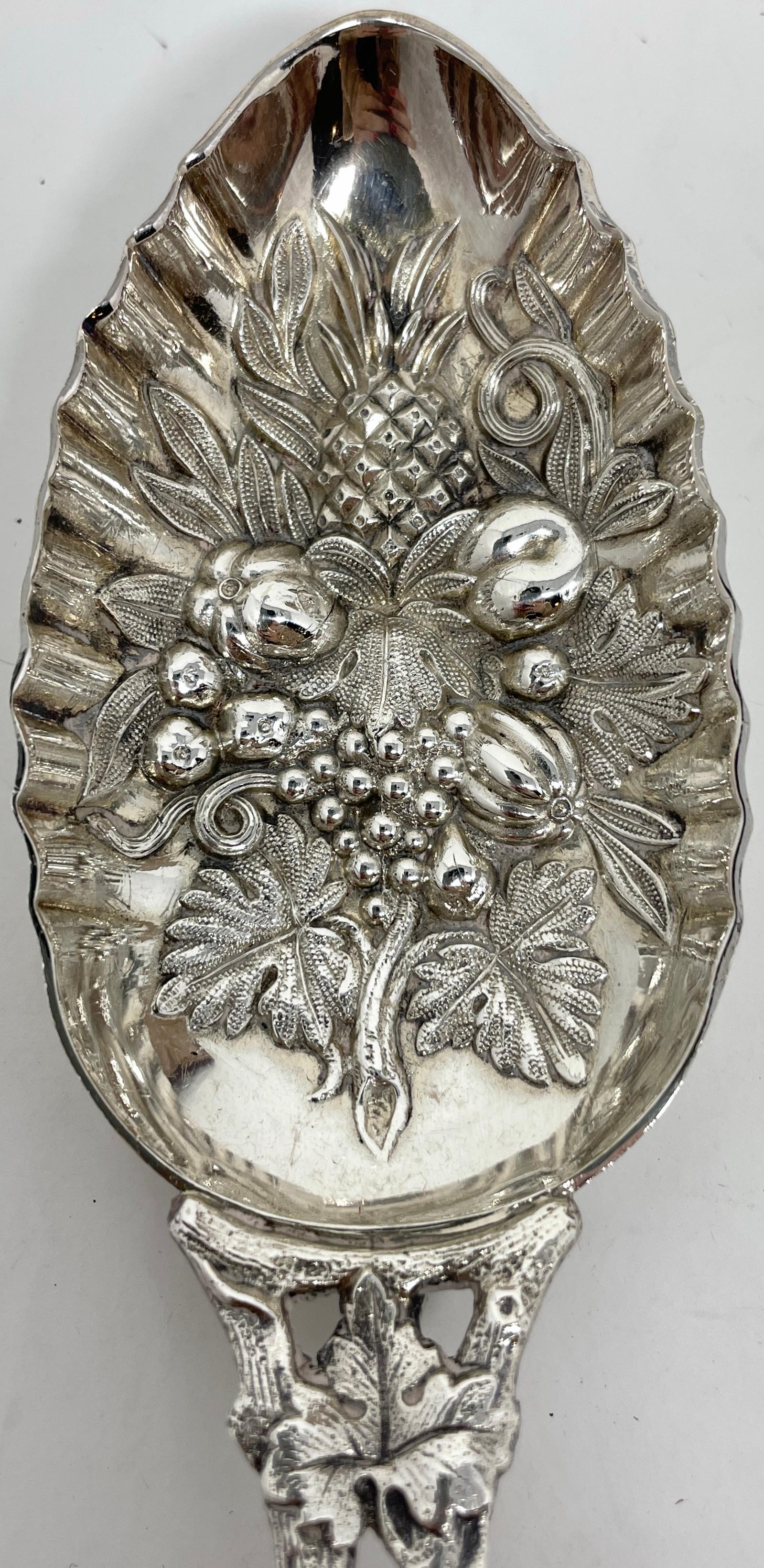 19th Century Antique English Silver Grape Shears & Berry Spoons in Original Case, Circa 1880 For Sale